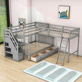 Twin Over Full Corner Loft Bunk Beds with Stairs and Storage - [Wood, Triple, Drawers]