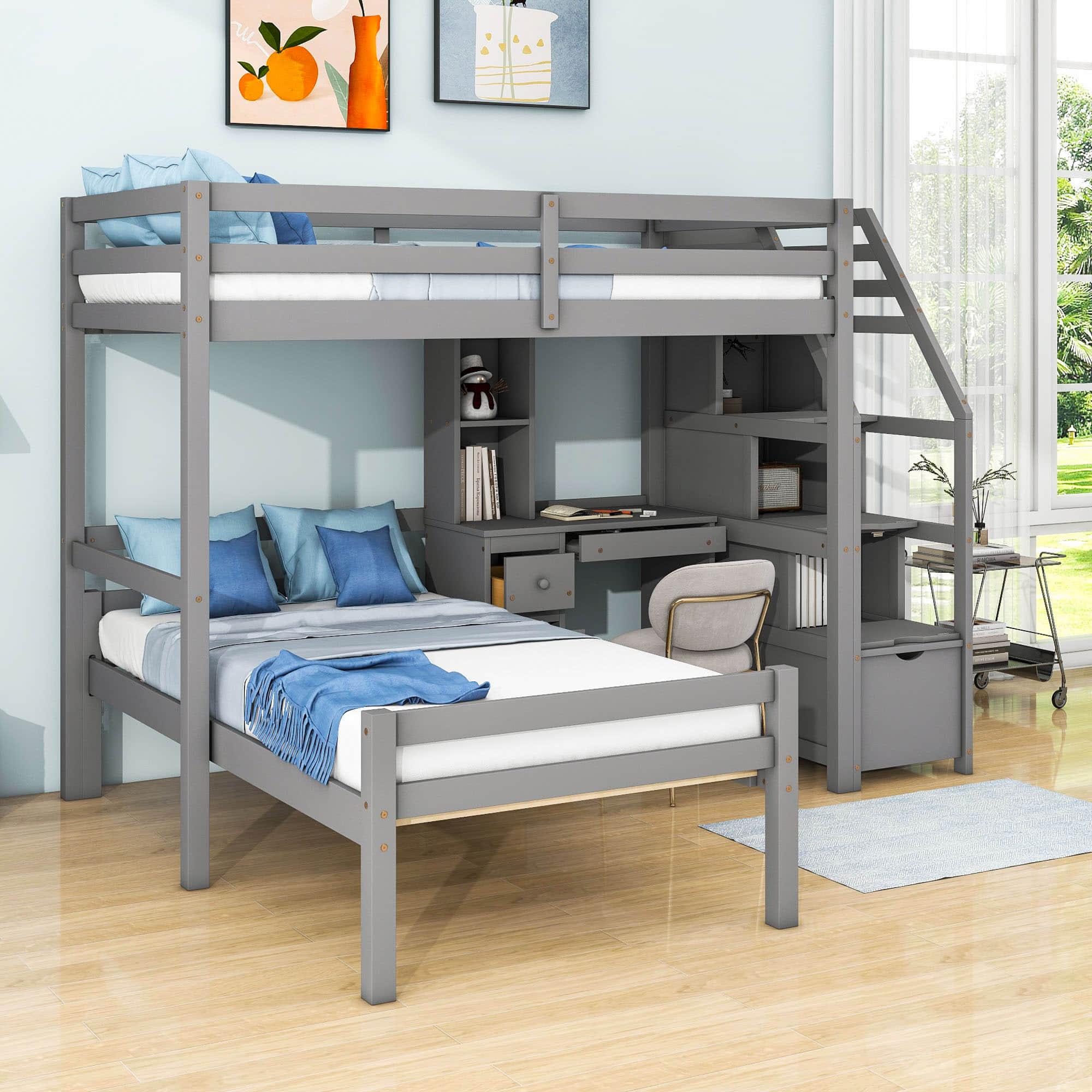 Twin Over Twin Bunk Beds with Desk and Storage Stairs - [Drawers, Shelves, L-Shaped]