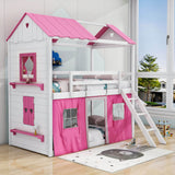 Low Twin Over Twin House Loft Bunk Beds for Kids with Curtains - [Floor]