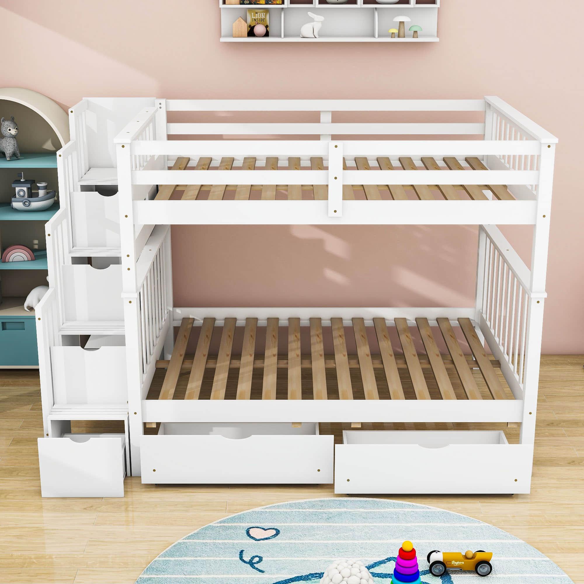 Wooden Convertible Full Over Full Bunk Beds with Stairs and Storage