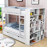 Wooden Twin Over Twin Bunk Beds with Storage Drawers, Shelves