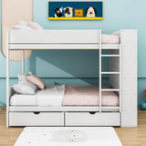 Wooden Full Over Full Bunk Beds with Storage Drawers, Shelves