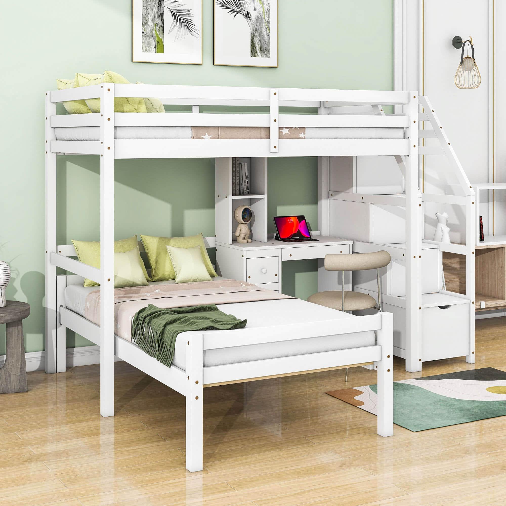 Twin Over Twin Bunk Beds with Desk and Storage Stairs - [Drawers, Shelves, L-Shaped]