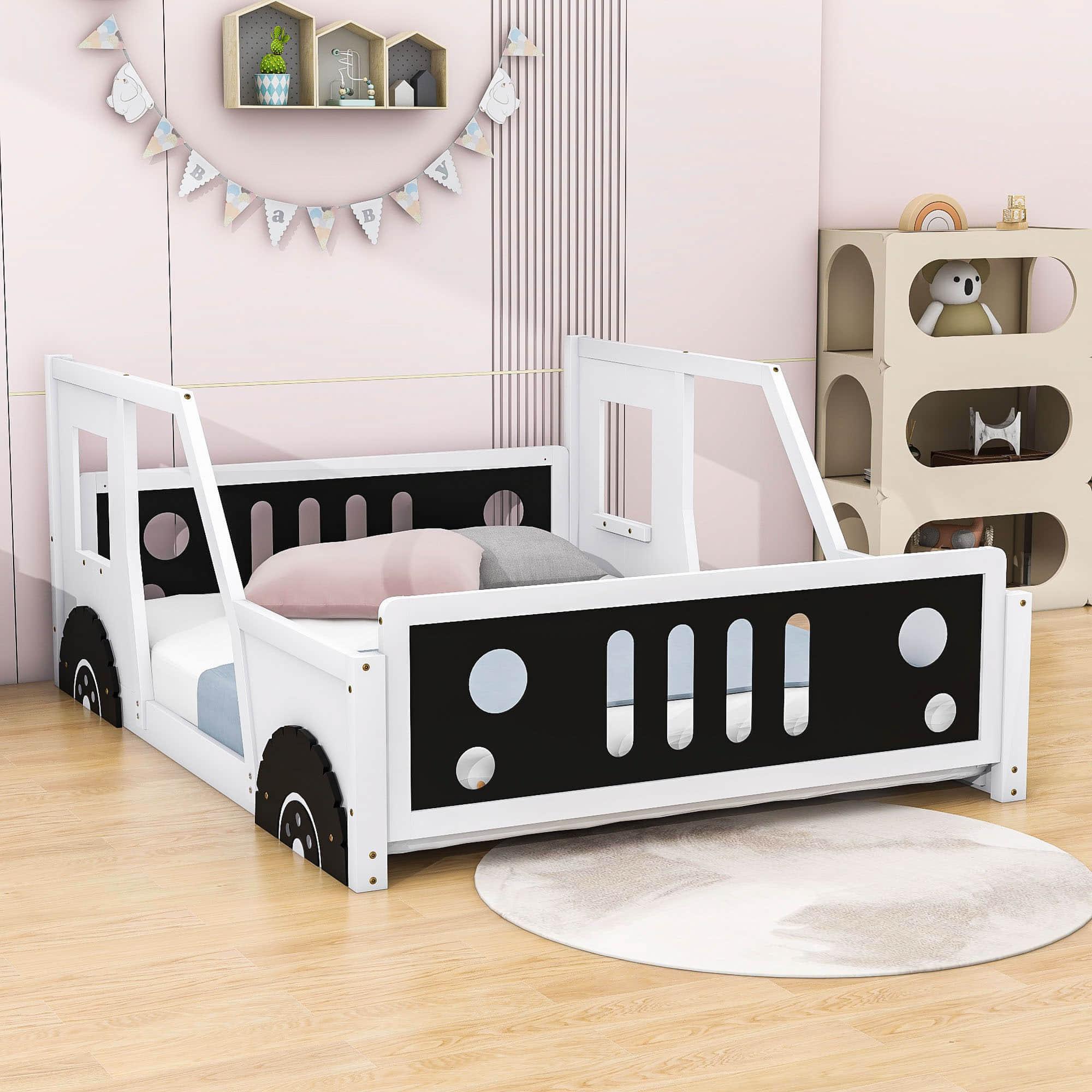 Wood Full Size Car-Shaped Floor Bed Frame with Rails for Boys