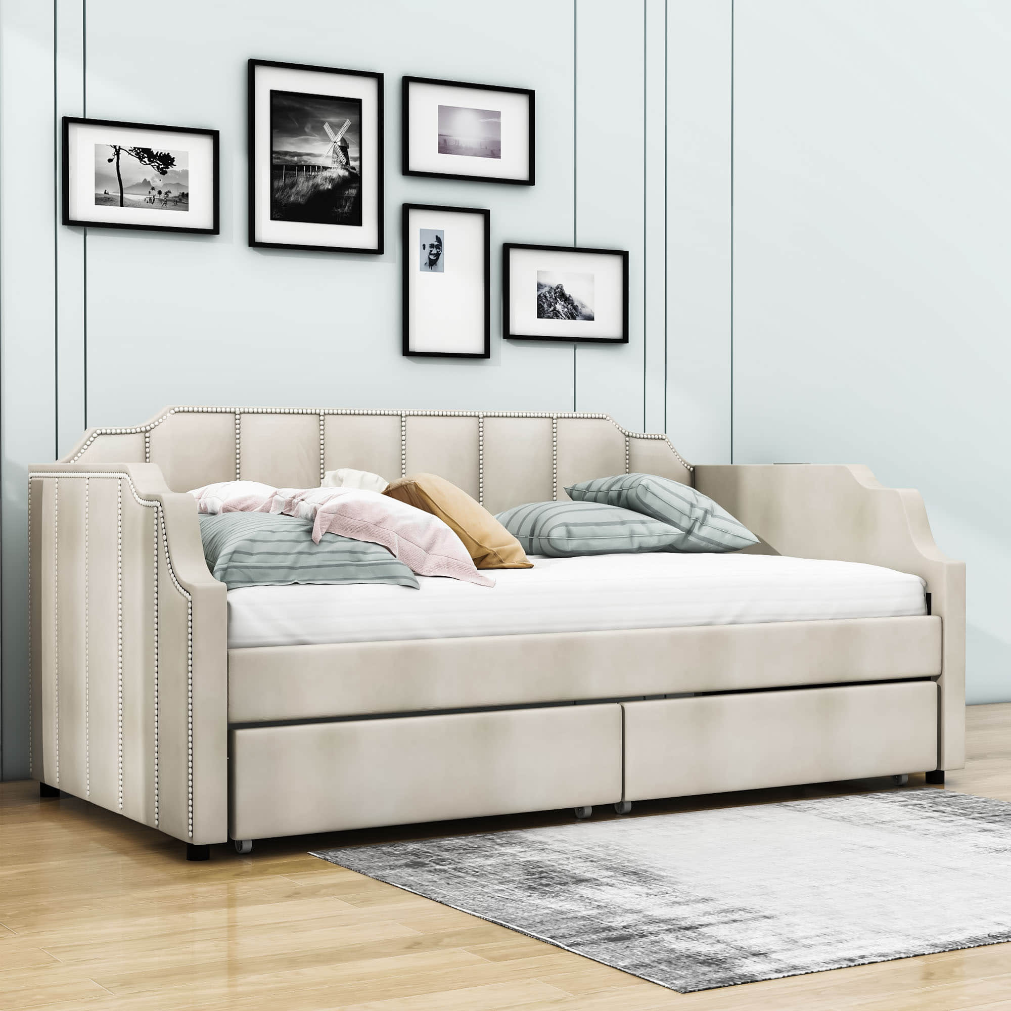 Modern Twin Size Upholstered Daybed with Storage Drawers