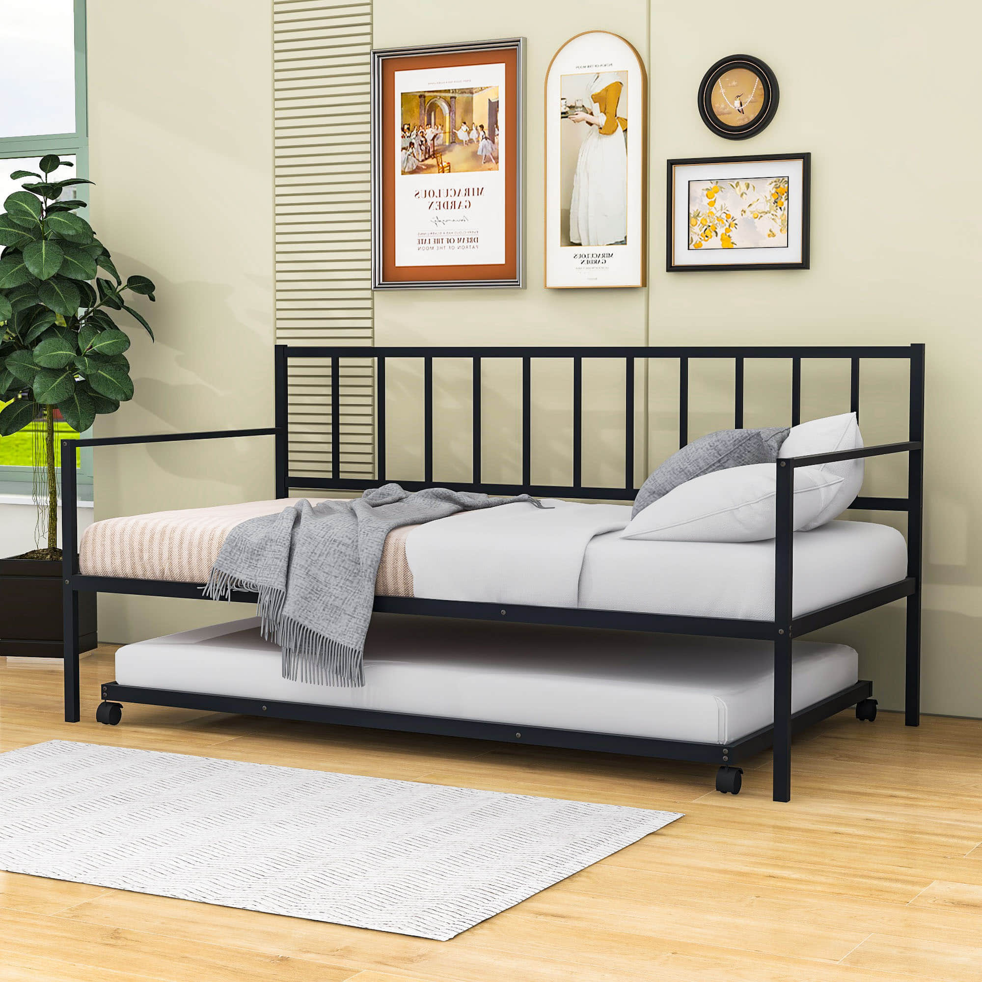 Twin Size Metal Day Bed Frame with Trundle for Adults, Kids