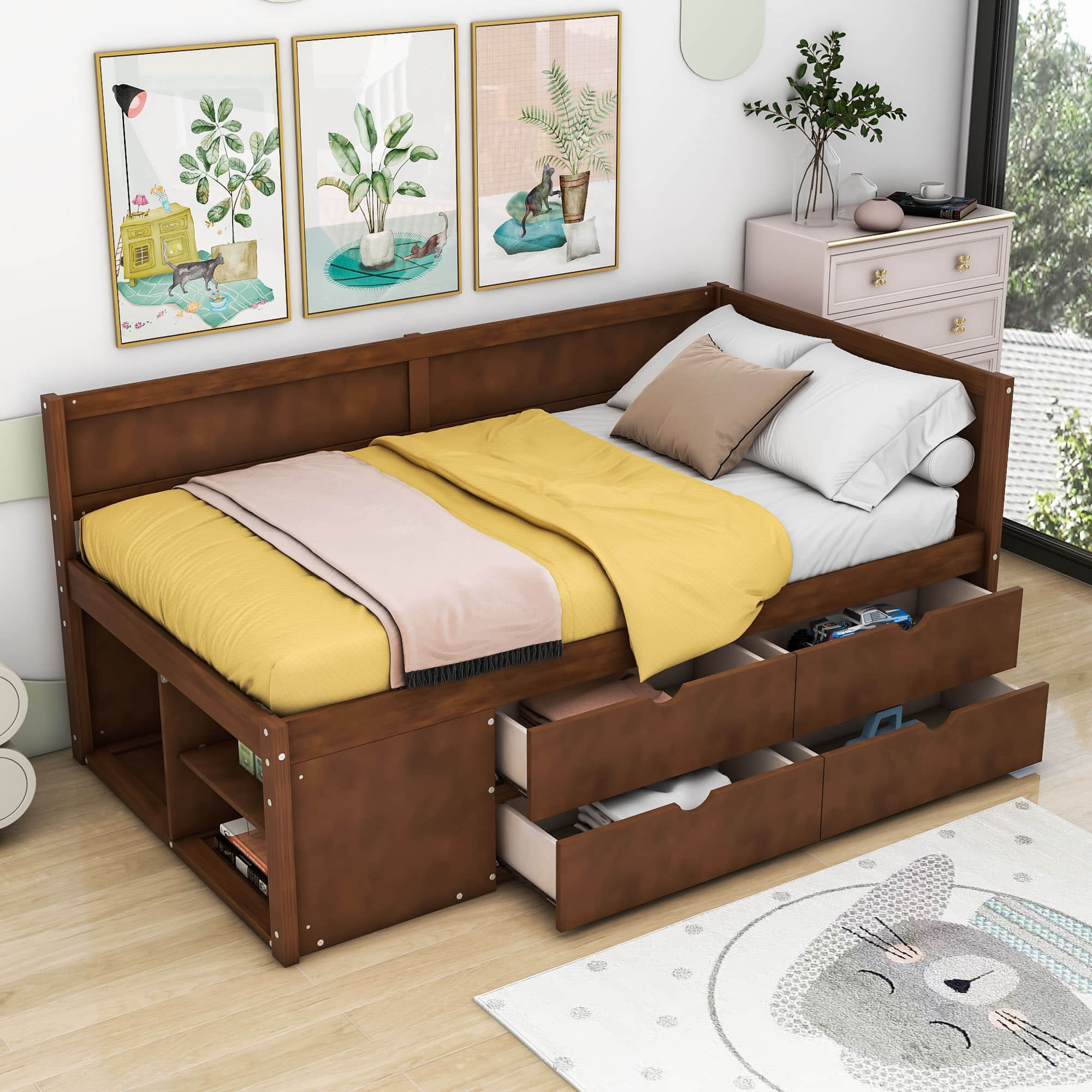 Wood Twin Daybed with Storage Drawers and Shelves for Kids