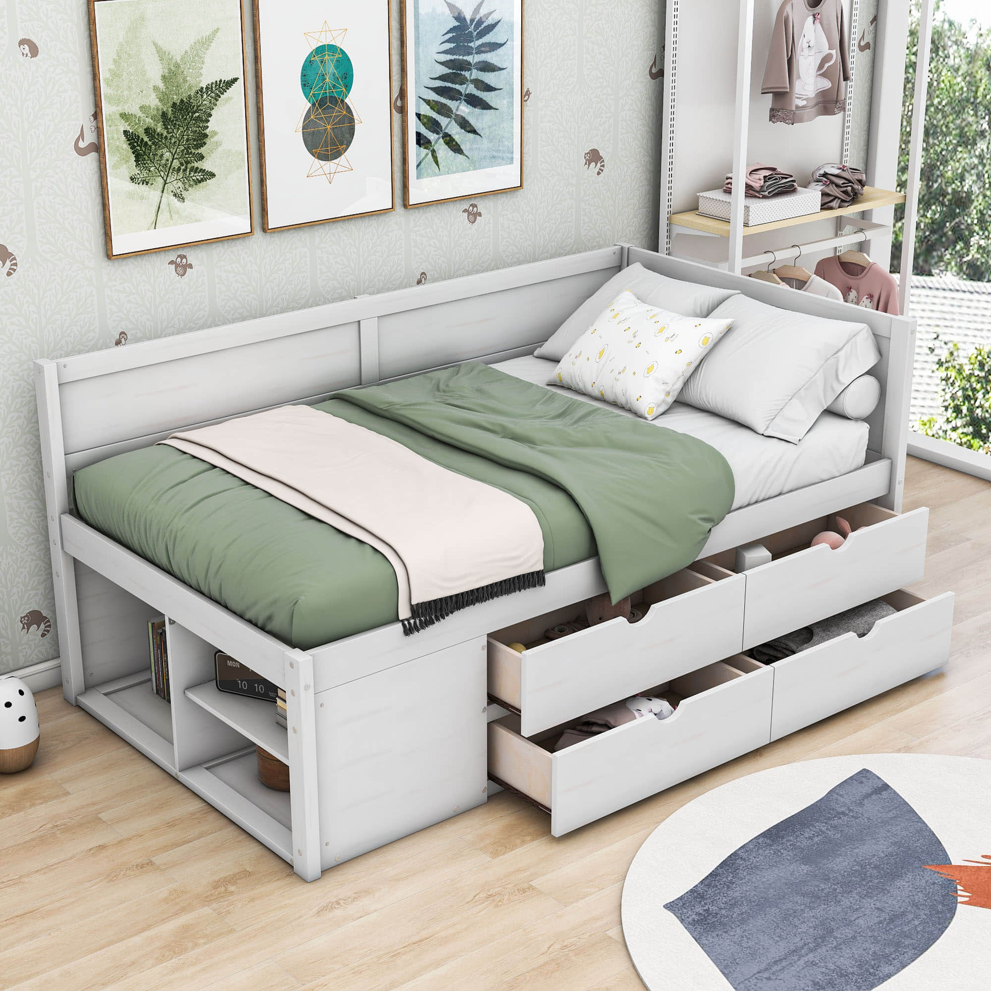 Wood Twin Daybed with Storage Drawers and Shelves for Kids