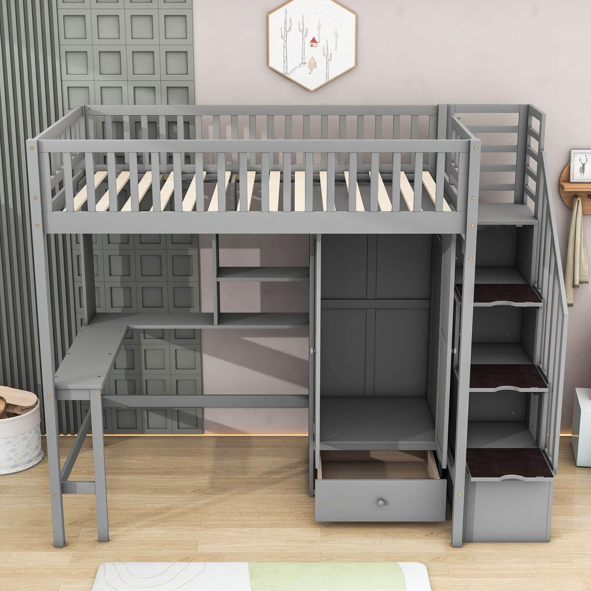 Twin Loft Bed with Desk and Storage Stairs - [Wood, Cabinet, Wardrobe, Shelves]