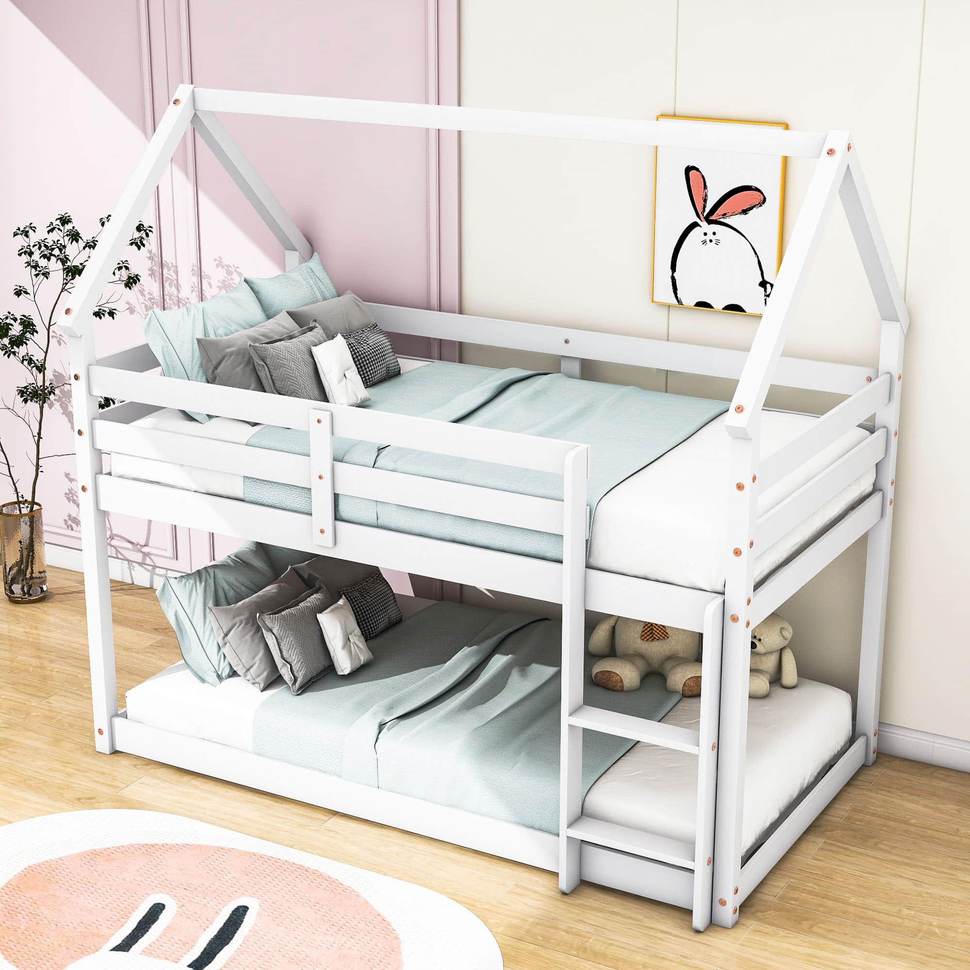 Small Low Twin Over Twin House Floor Bunk Beds for Kids, Toddler