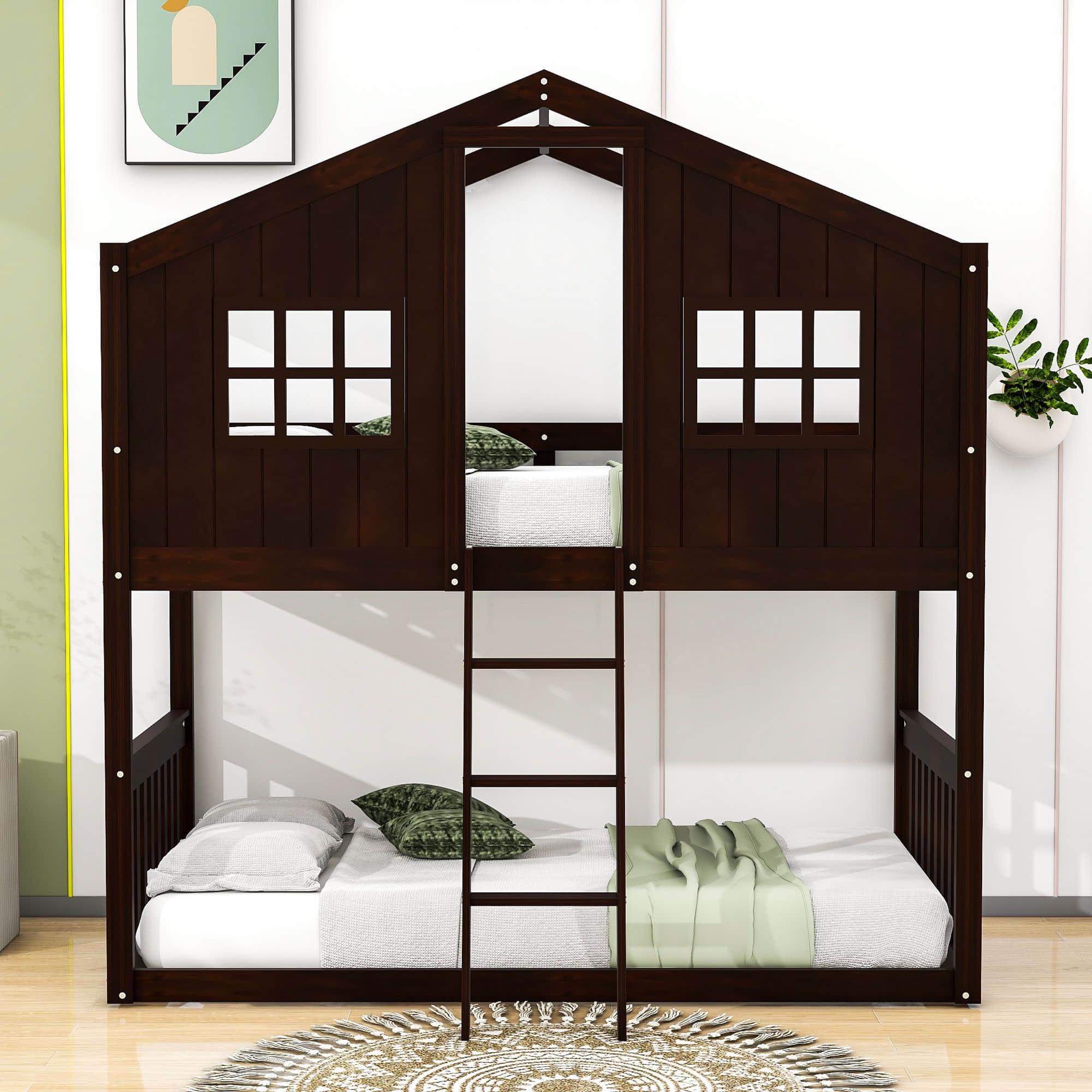 Low Twin Over Twin House Bunk Beds for Kids Toddler - [Wooden, Floor]