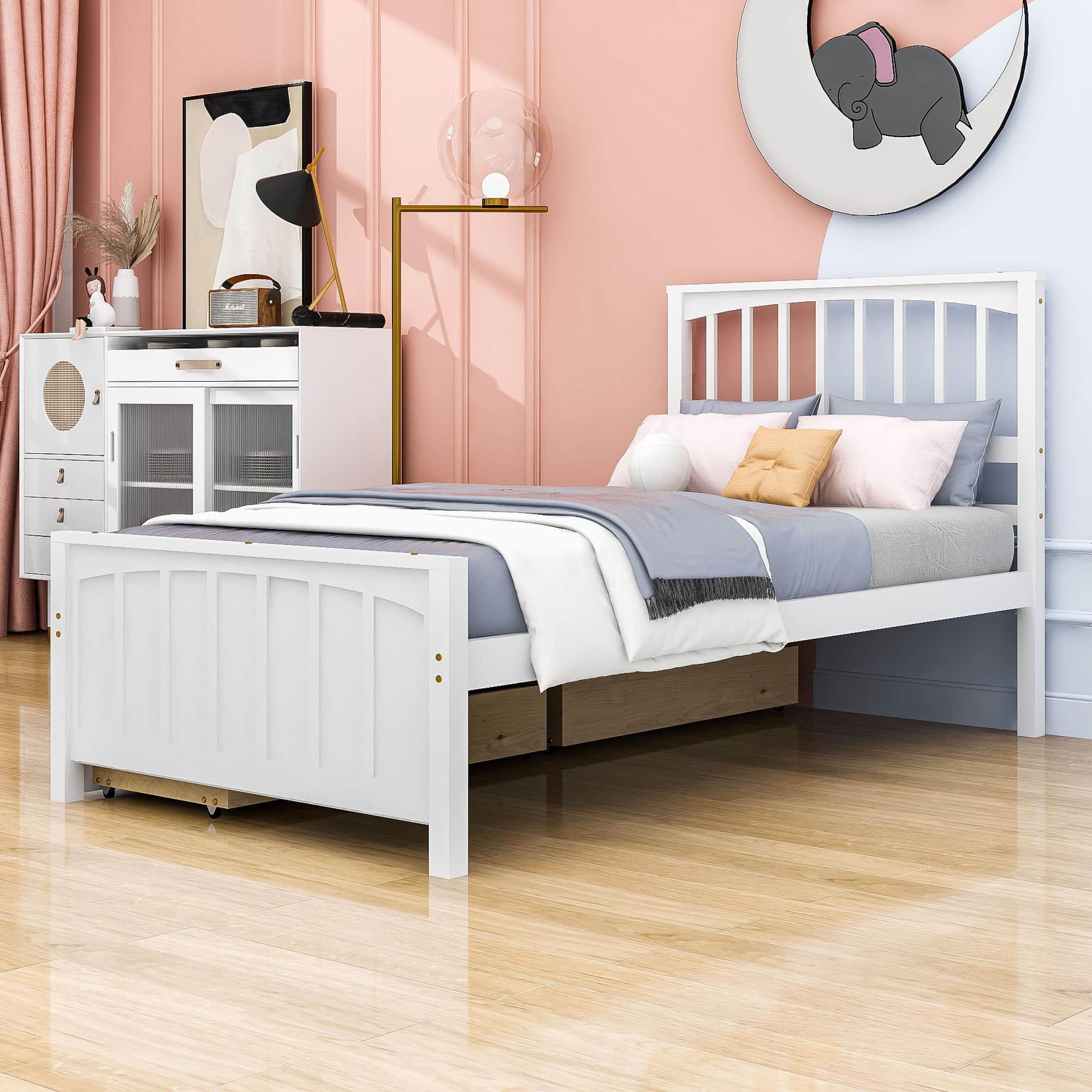 Wood Kids Storage Bed Frame with Headboard and Drawers