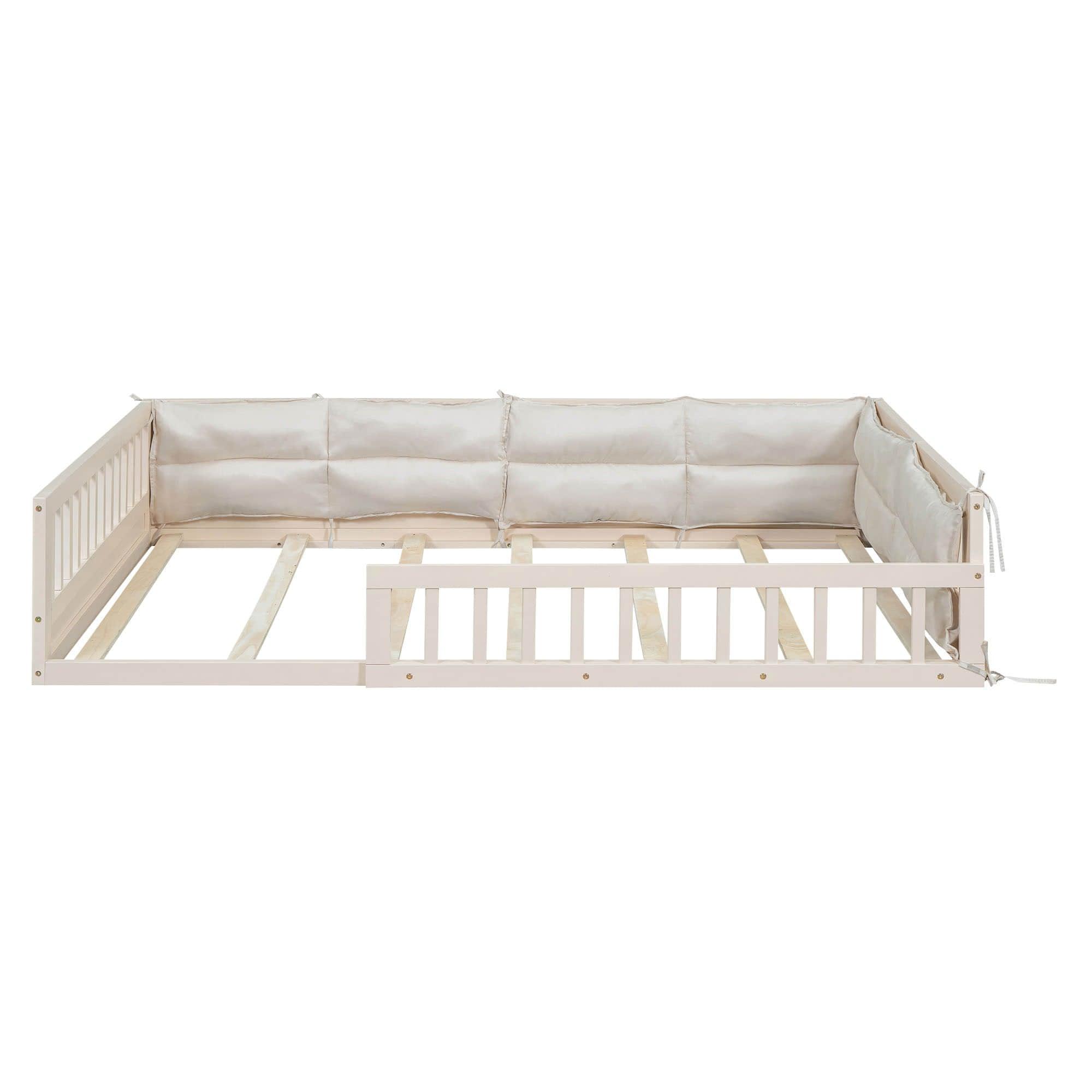 Wood & Upholstered Full Size Toddler Floor Bed with Rails and Pillow