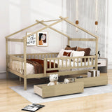 Full Size Wood House Toddler Bed Frame with Rails and Storage