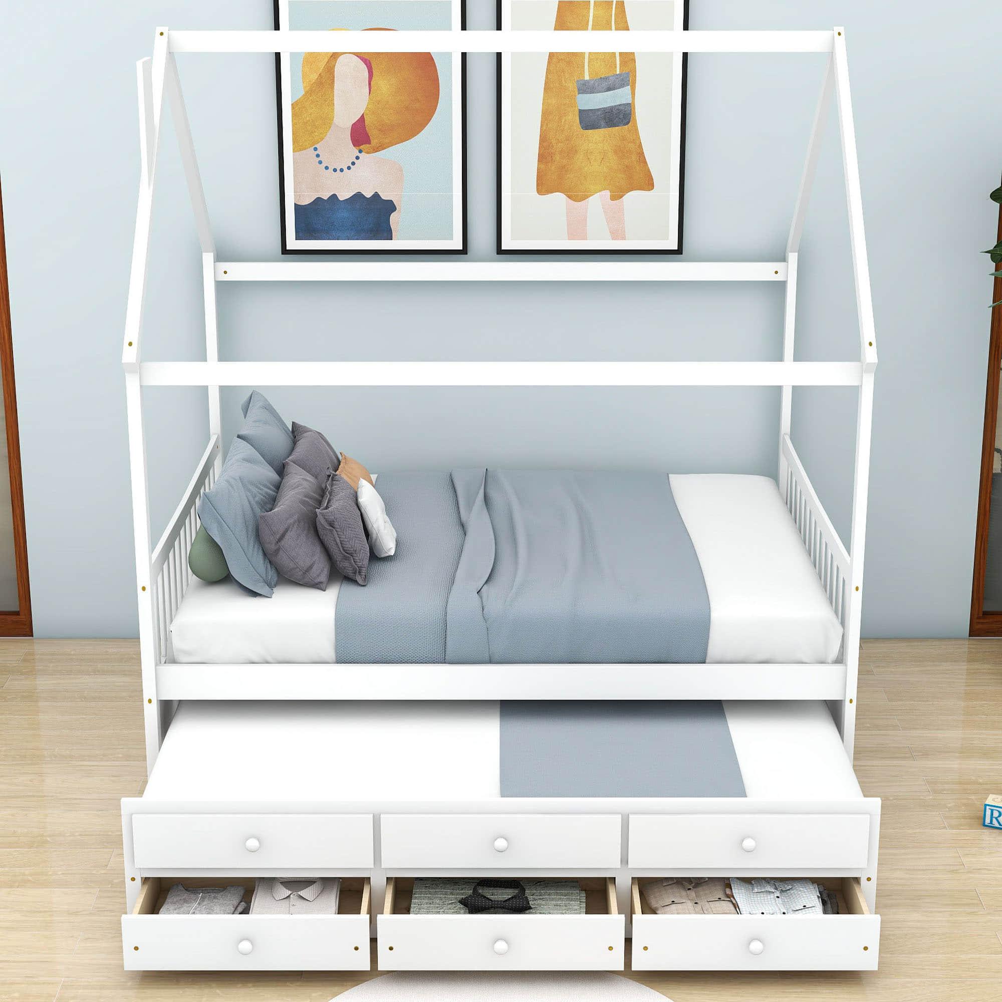 Full Size Kids Wooden House Bed Frame with Trundle and Storage