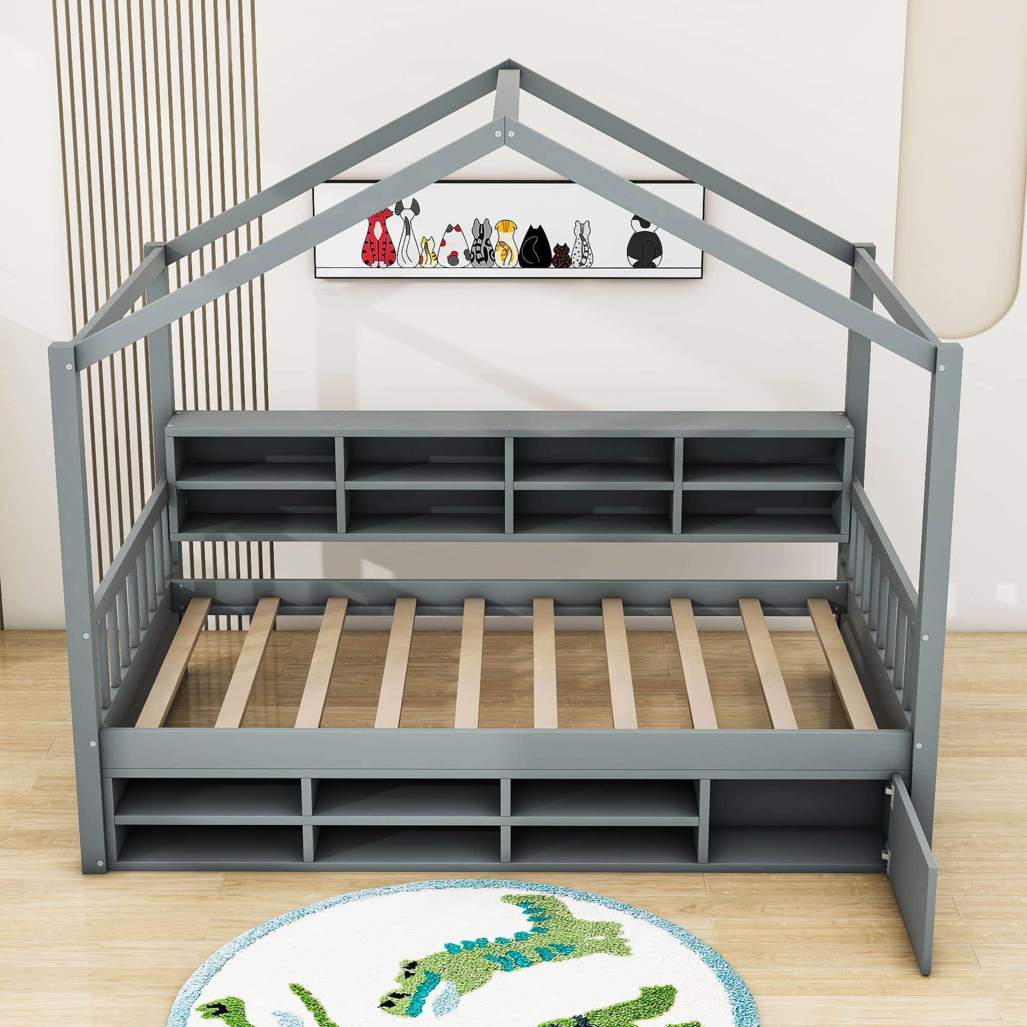 Wood Twin Size House Storage Bed Frame with Shelves and Mini-Cabinet