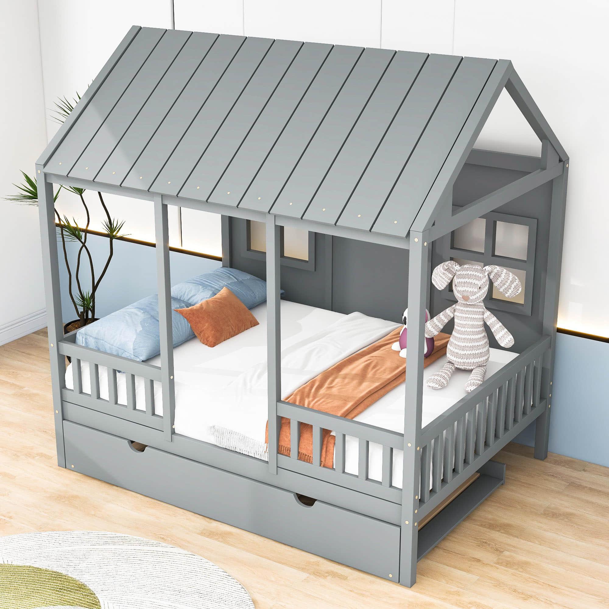 Wooden Full Size Kids House Bed with Twin Trundle Bed and Rails