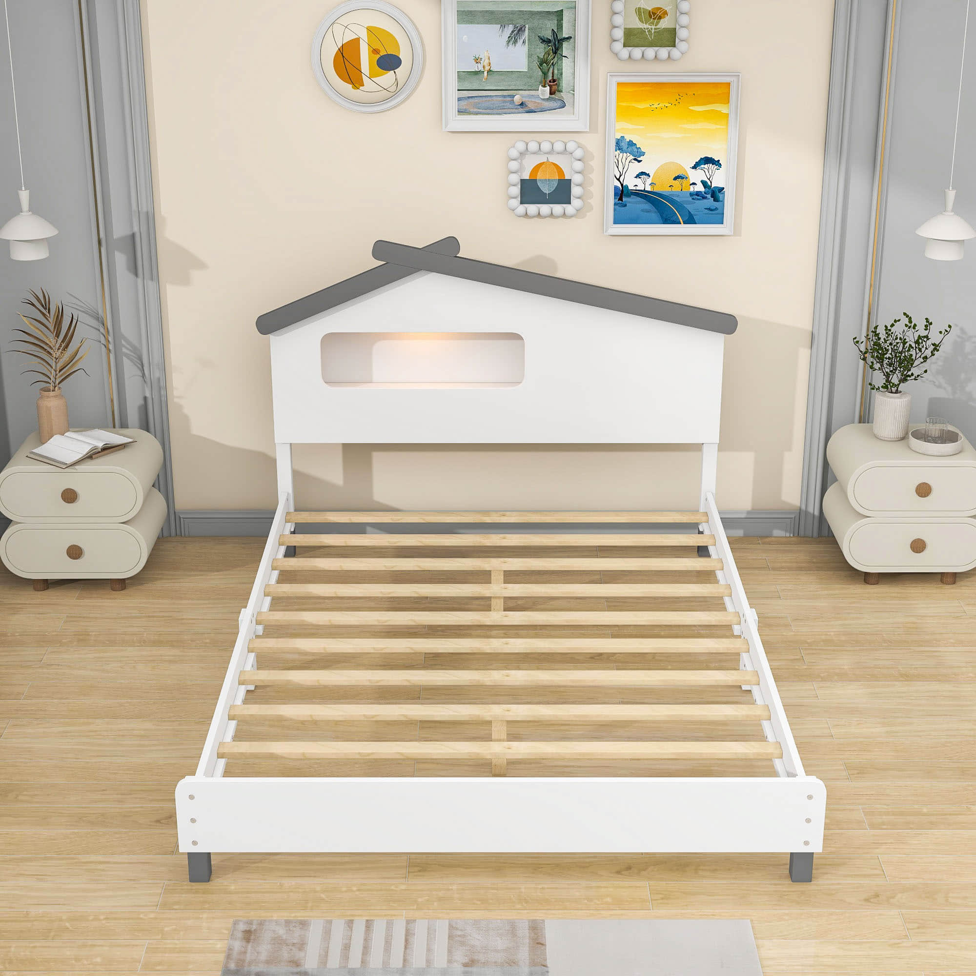 Kids Full Wood Platform Bed with House-Shaped Headboard and LED Lights