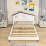 Kids Full Wood Platform Bed with House-Shaped Headboard and LED Lights