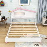 Kids Full Wood Platform Bed with House-Shaped Headboard and LED Lights