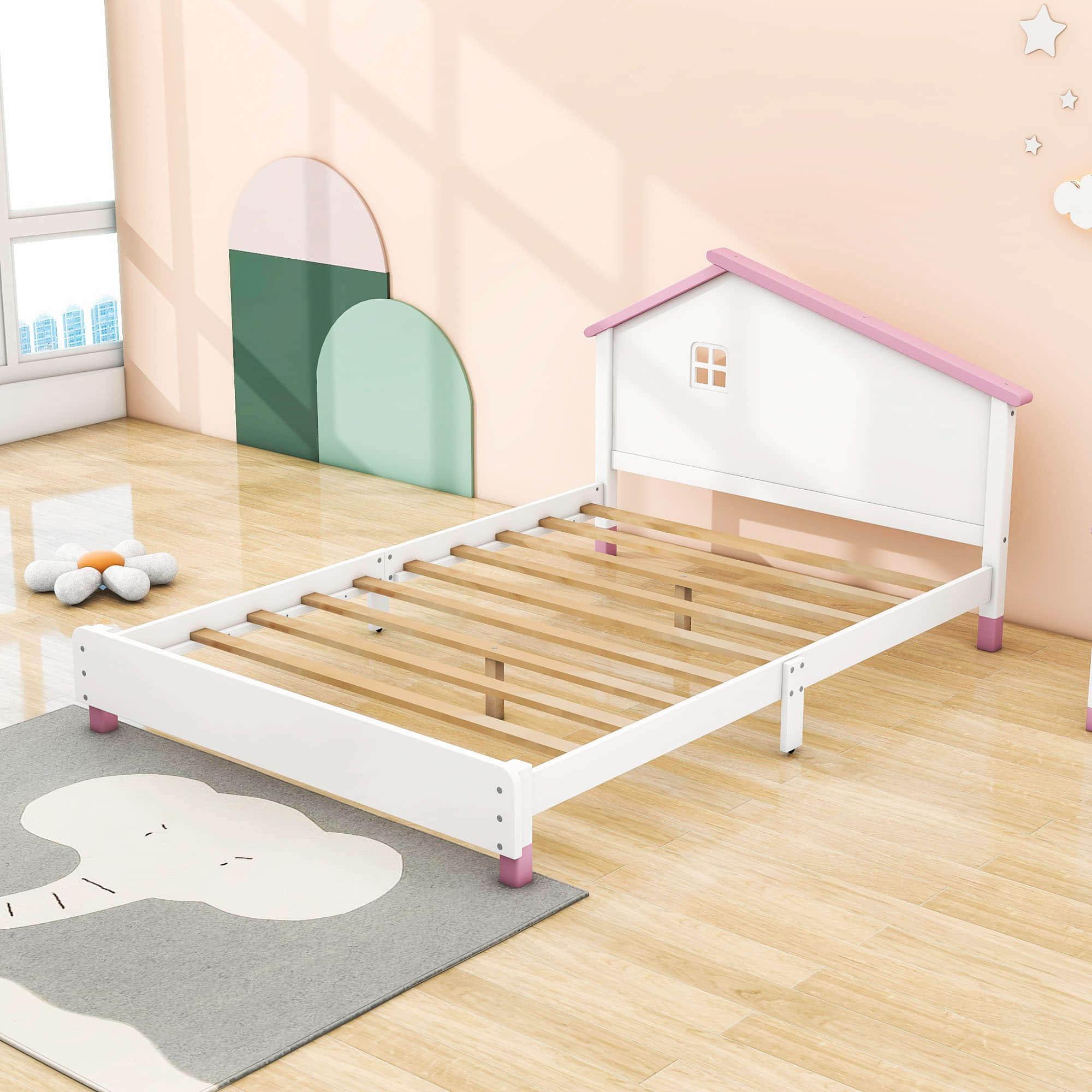 Full Size Wood Platform Bed with House-Shaped Headboard for Girls