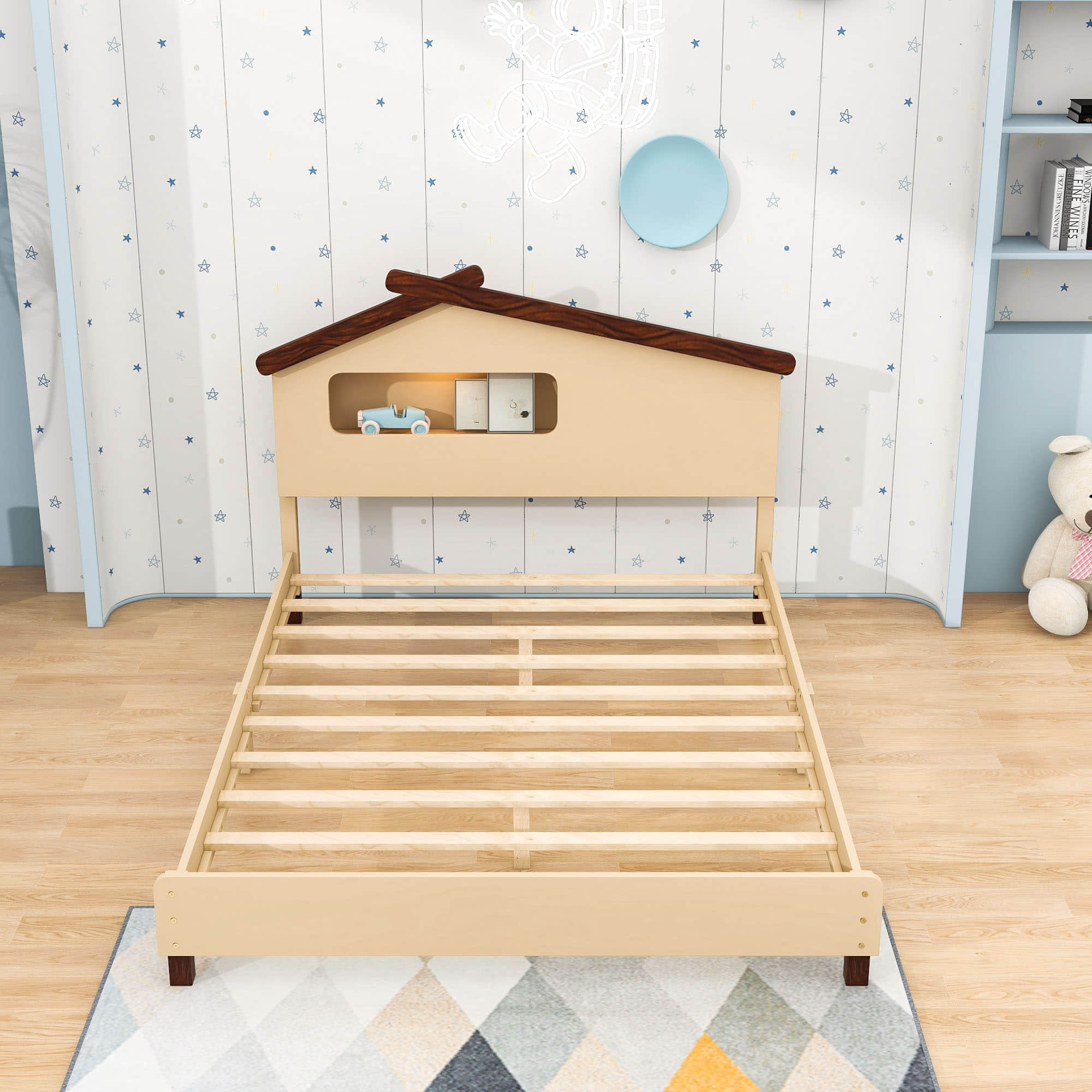 Kids Full Wood Platform Bed with House-Shaped Headboard and LED Lights