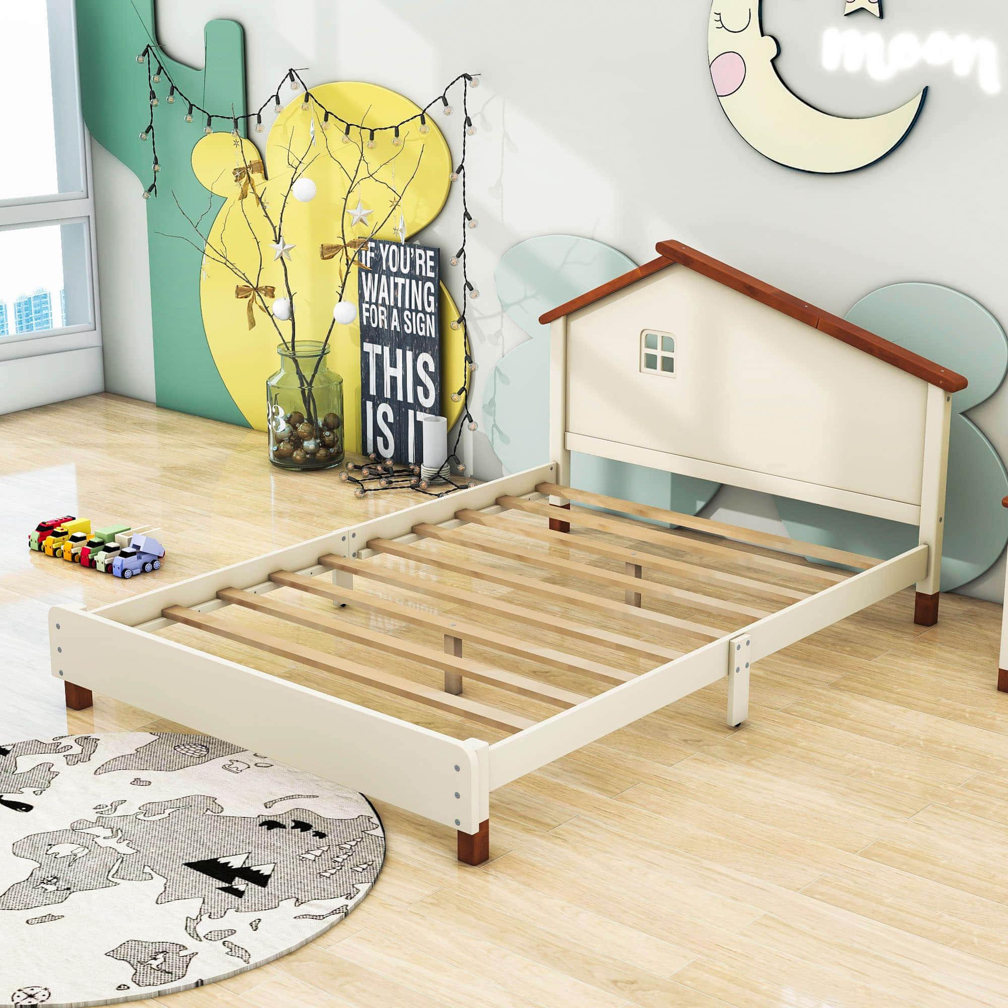 Full Size Wood Platform Bed with House-Shaped Headboard for Girls