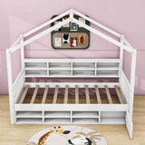 Wood Twin Size House Storage Bed Frame with Shelves and Mini-Cabinet