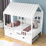 Wooden Full Size Kids House Bed with Twin Trundle Bed and Rails