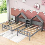 Double Twin Size Kids Platform Bed Frame with House-Shaped Headboard