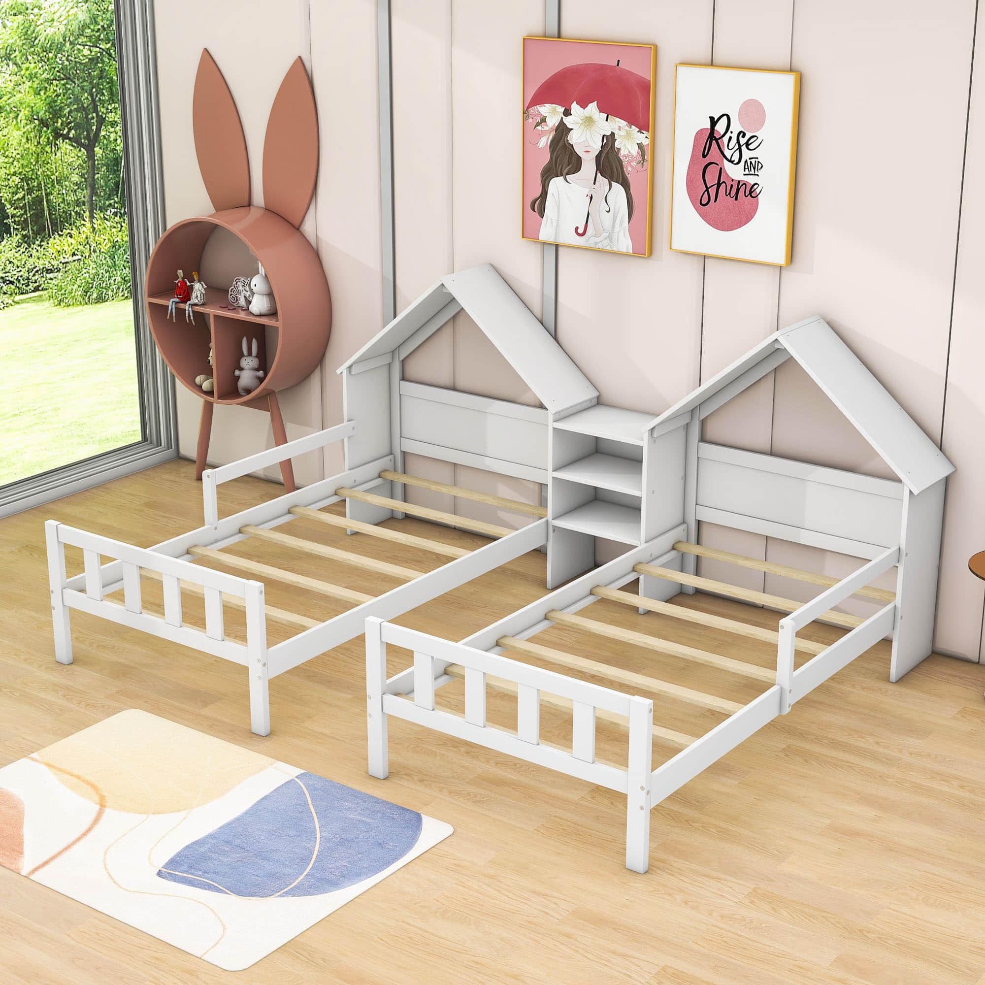 Double Twin Size Kids Platform Bed Frame with House-Shaped Headboard