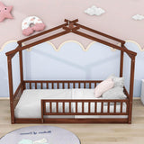 Twin Wood House Kids Toddler Floor Bed with Rails