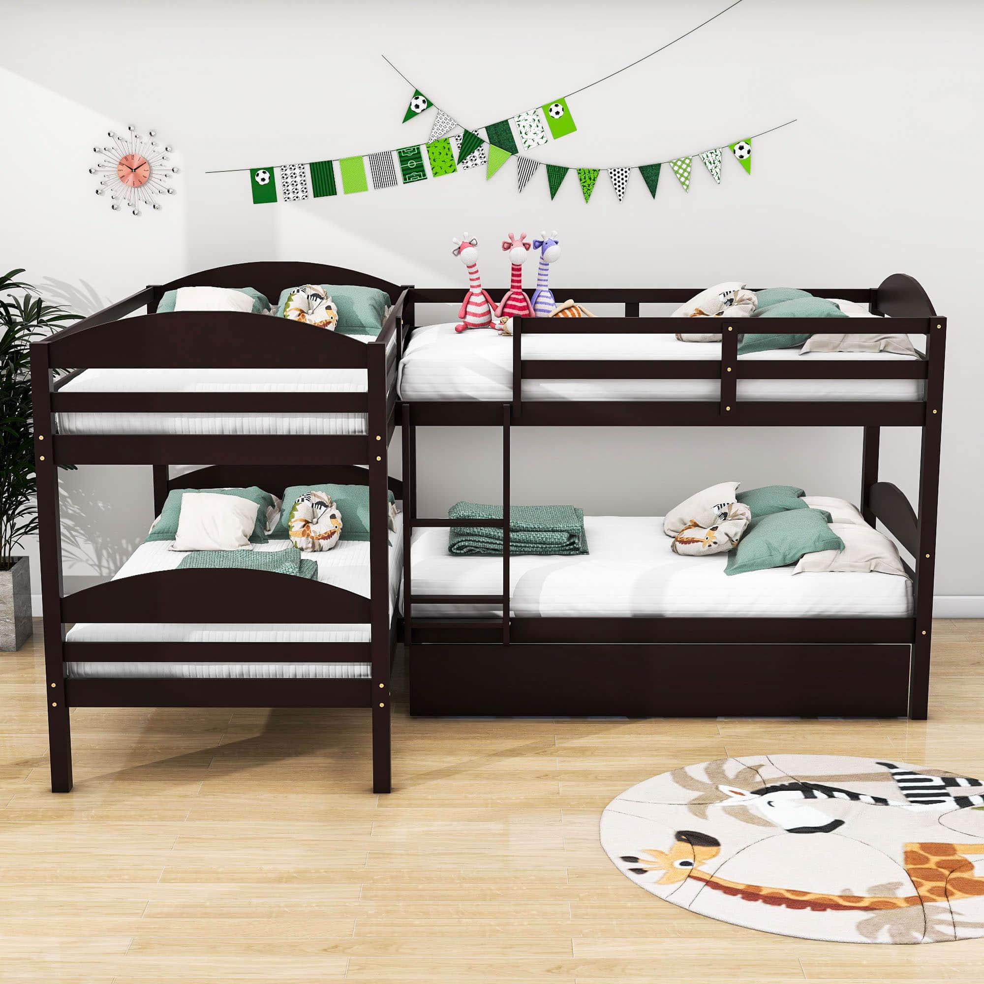 Twin Corner Quad Bunk Beds with Trundle for Kids - [Wooden, L-Shaped]