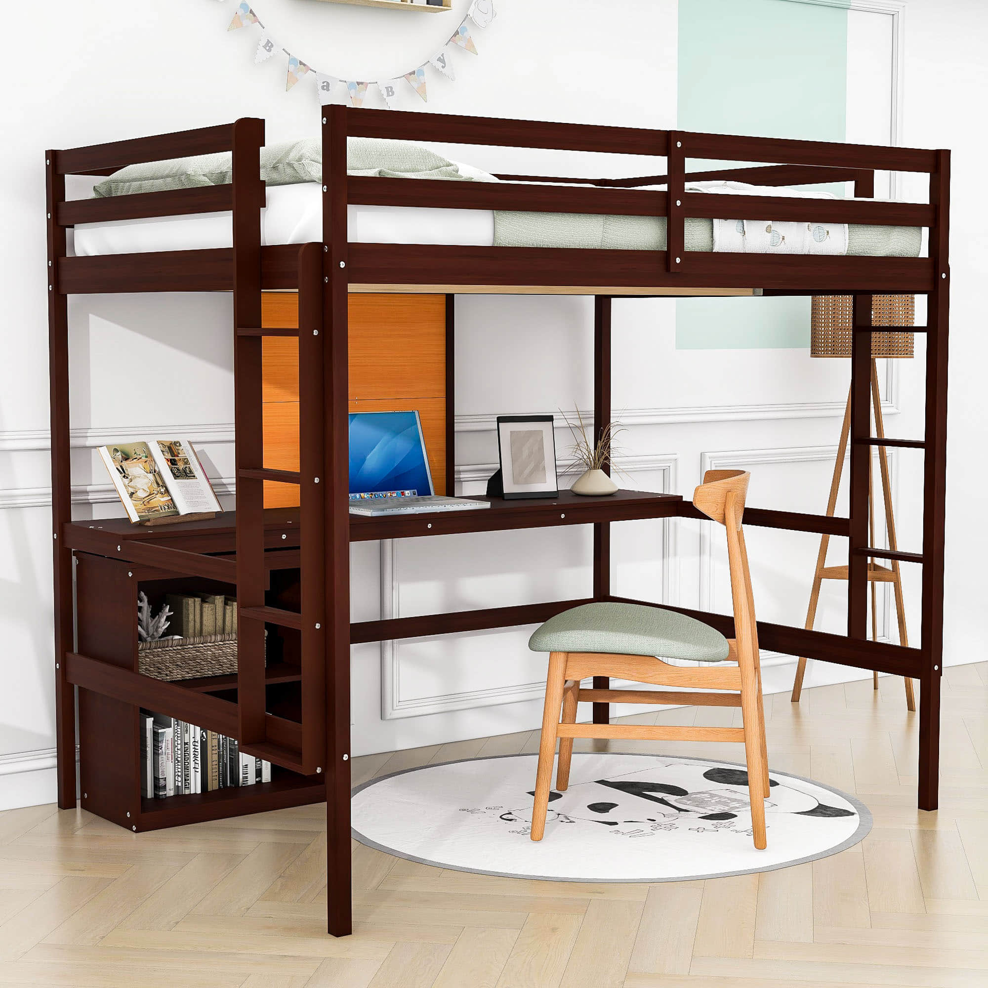 Full Size Loft Bed with Desk and Storage, Writing Board for Adults