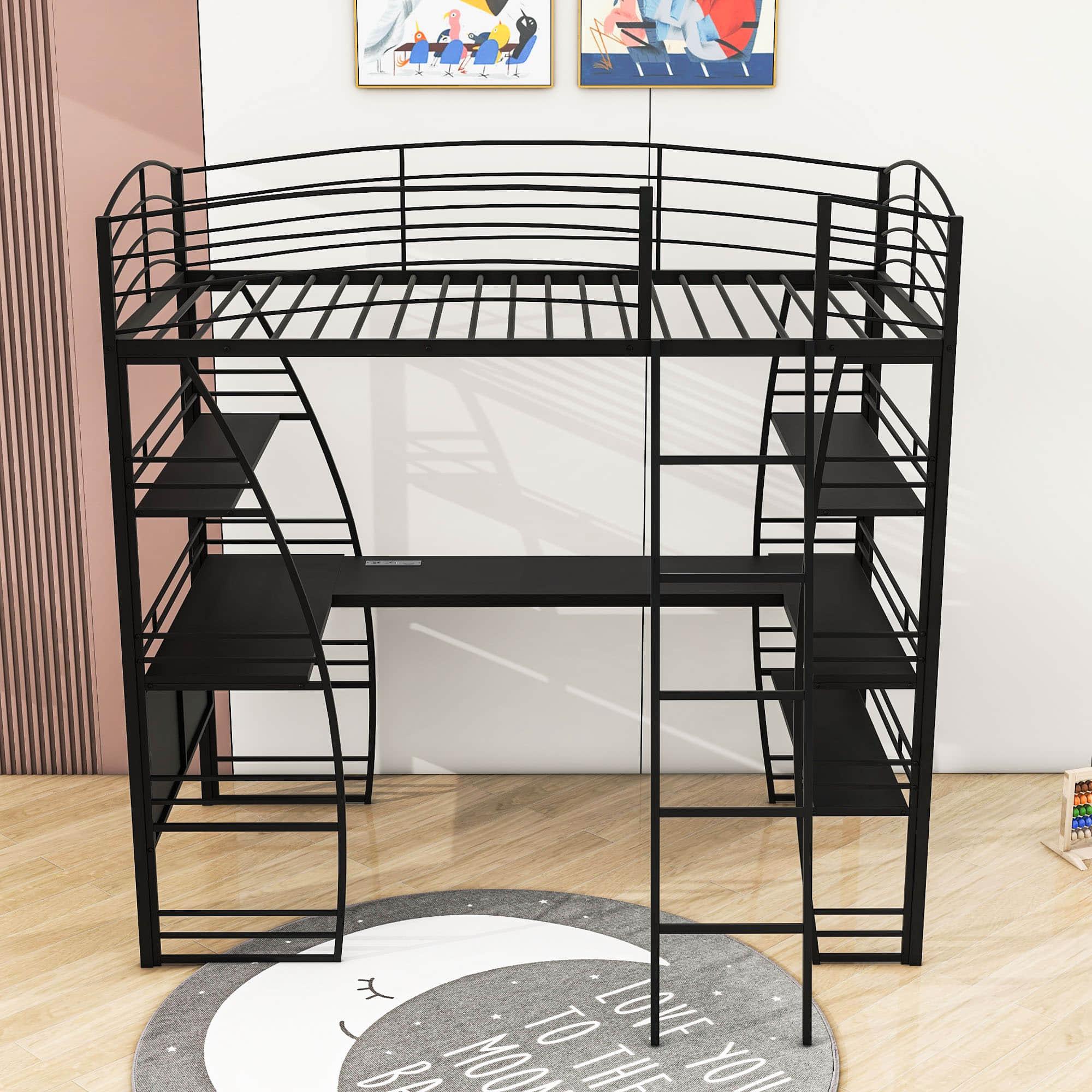 Metal Twin Loft Bed with Desk and Storage Shelves for Adults, Gamer