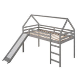 Wood House Twin Loft Bed for Kids with Slide