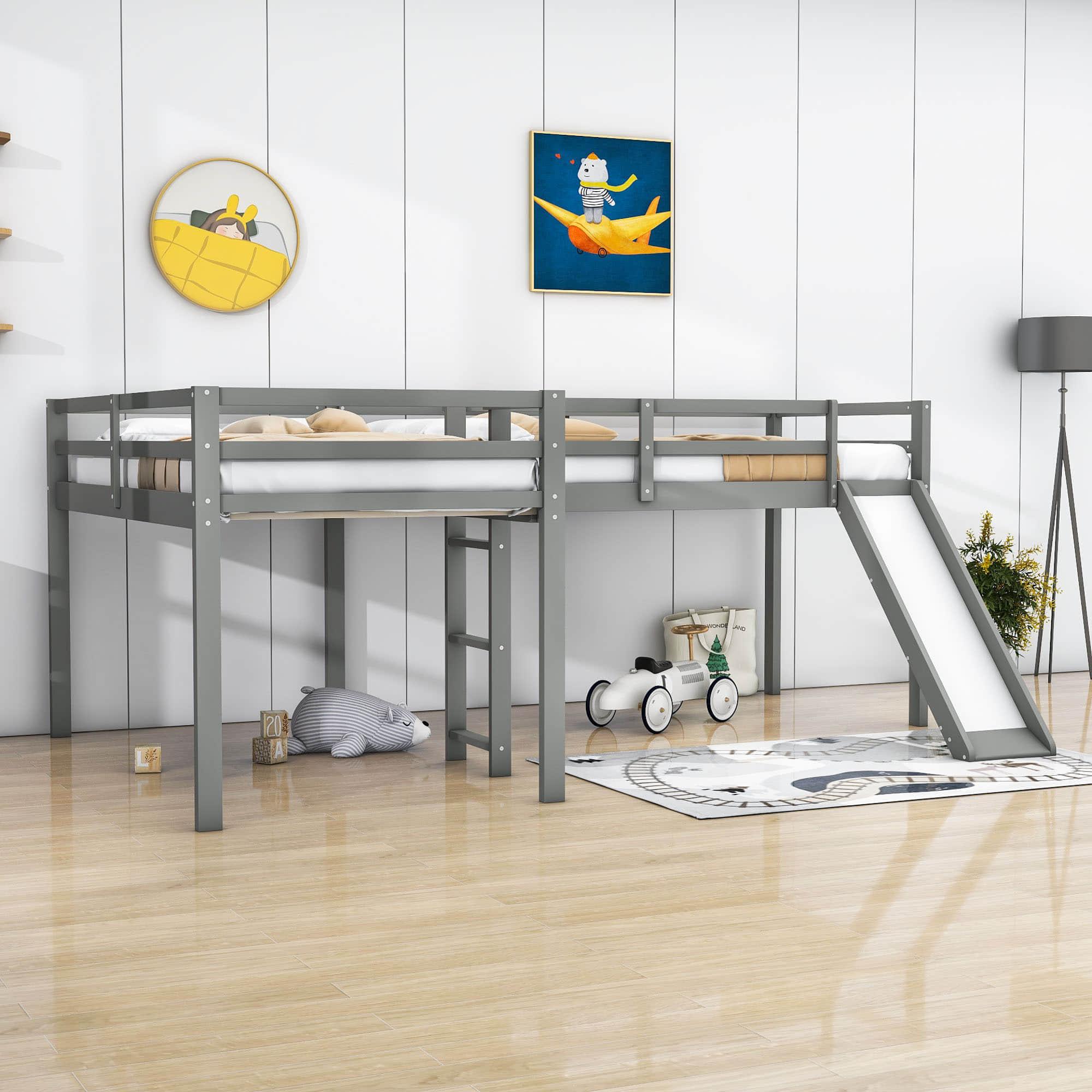 L-Shaped Low Double Twin Loft Bed with Slide for Kids - [Wood]