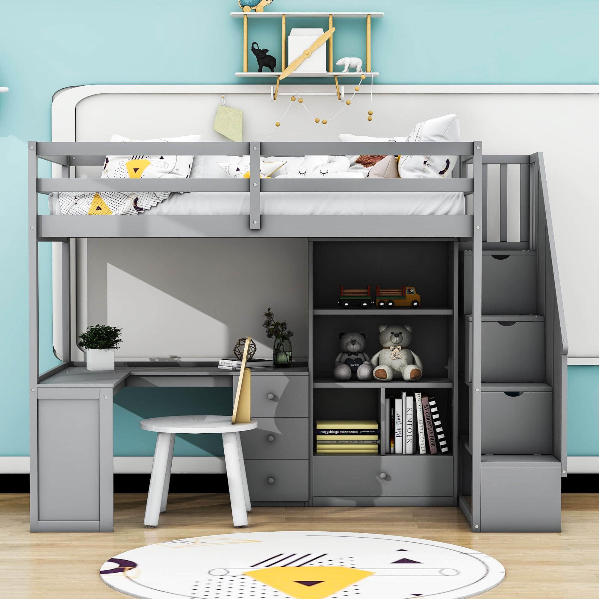 Twin Loft Bed with Desk and Stairs, Storage for Kids, Teens - [Wood]