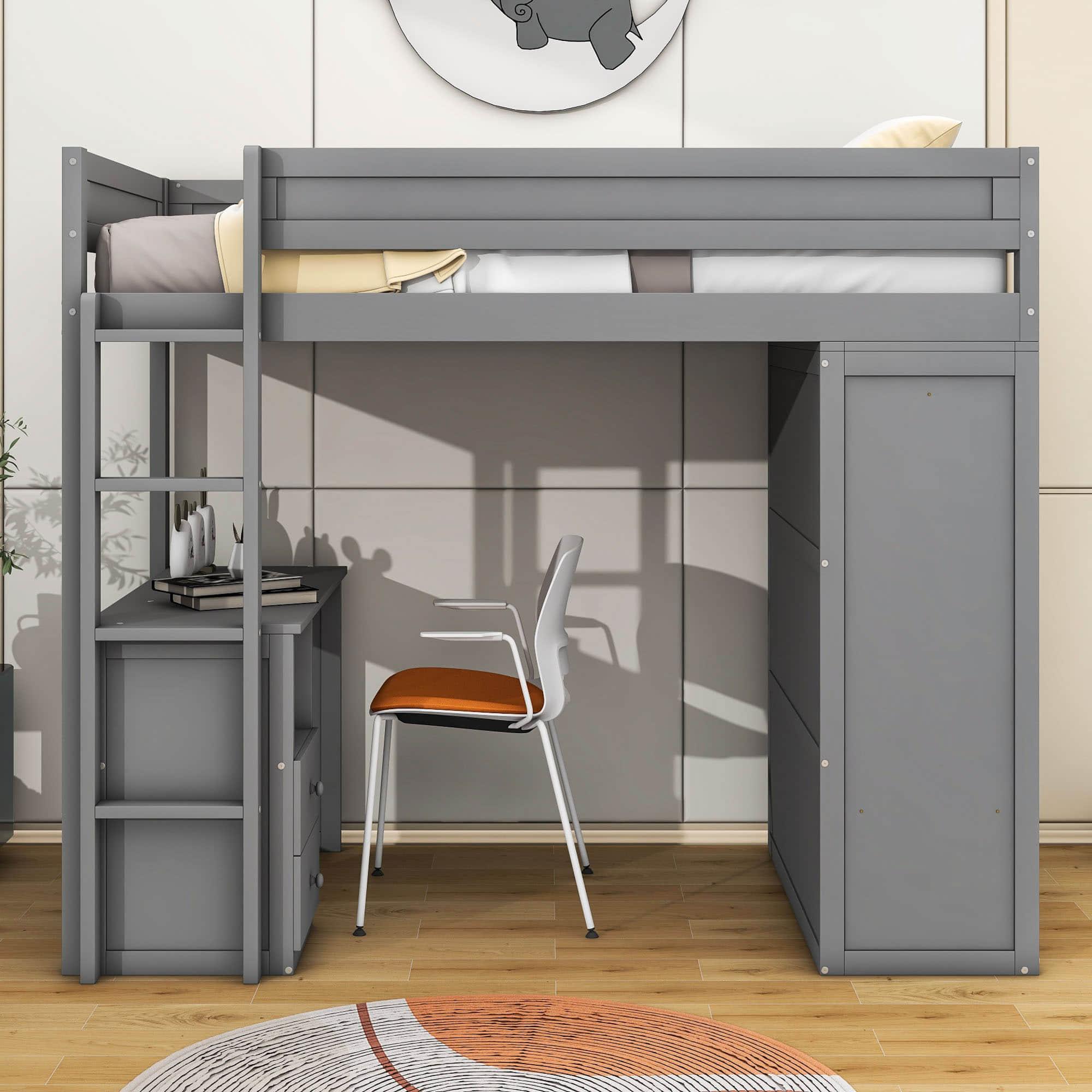 Twin Loft Bed with Desk and Storage Drawers, Wardrobe - [Wood, Cabinet]