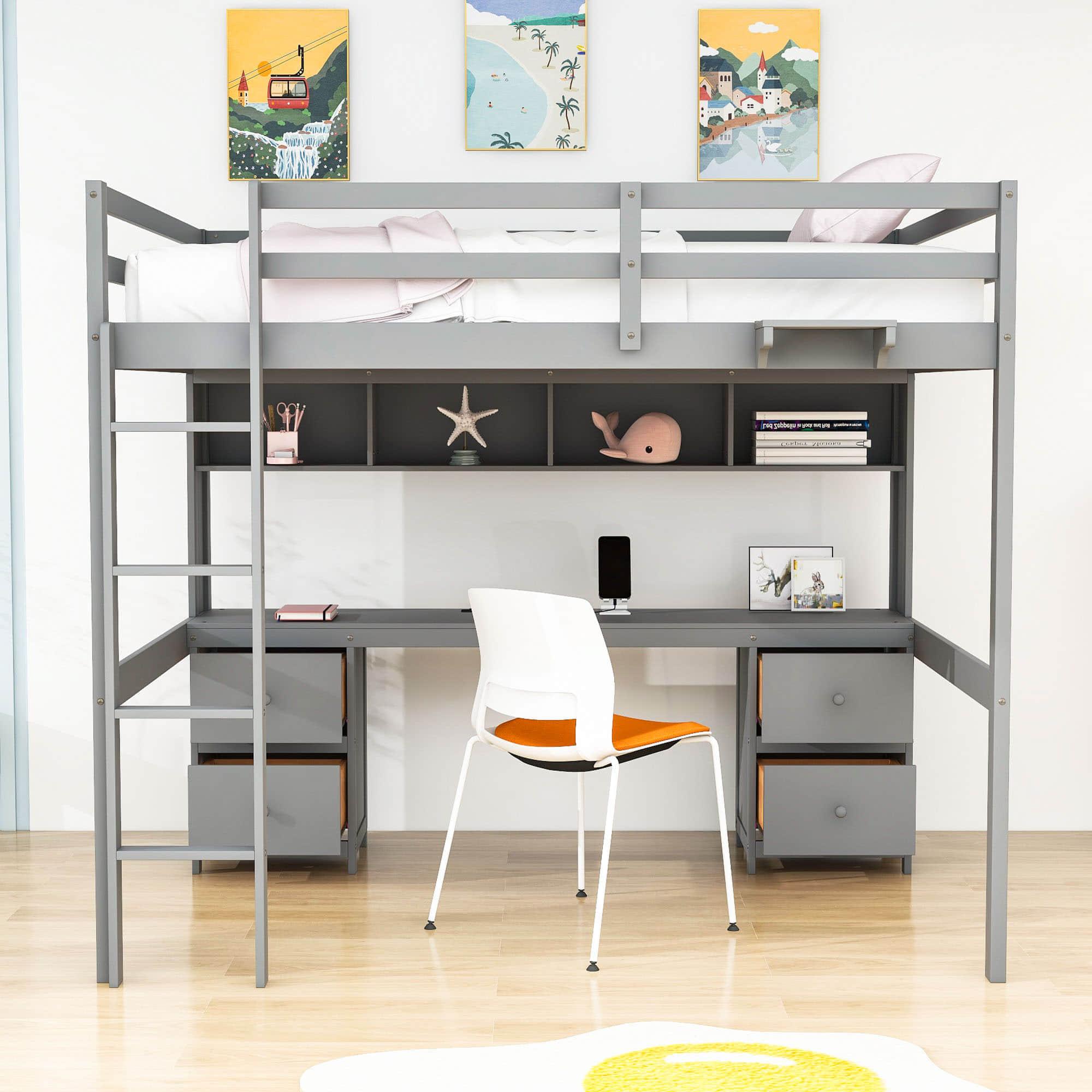 Modern Smart Full Size Loft Bed with Desk and Storage for Adults, Kids