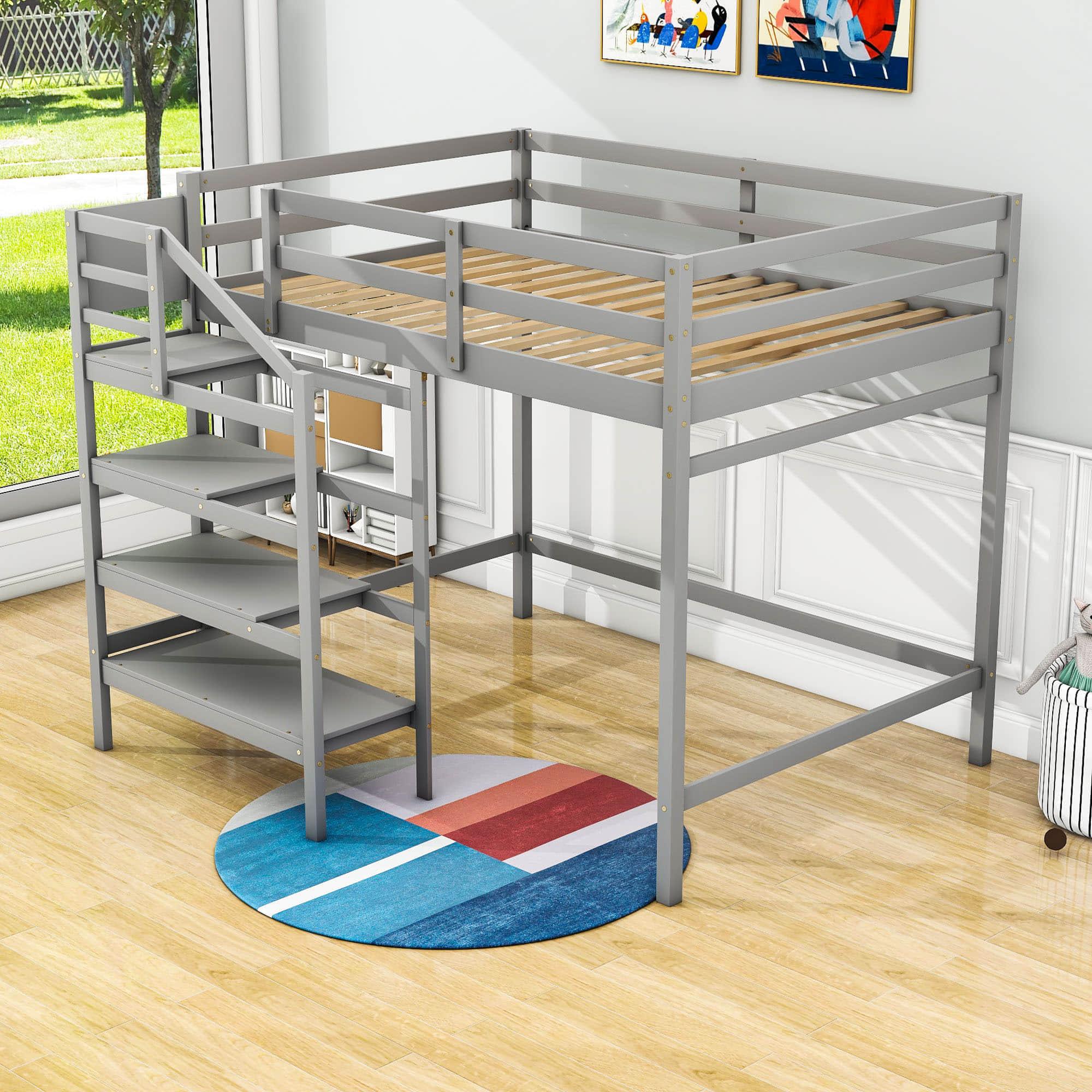 Full Size Loft Bed with Stairs and Clothes Hanger for Adults, Teens