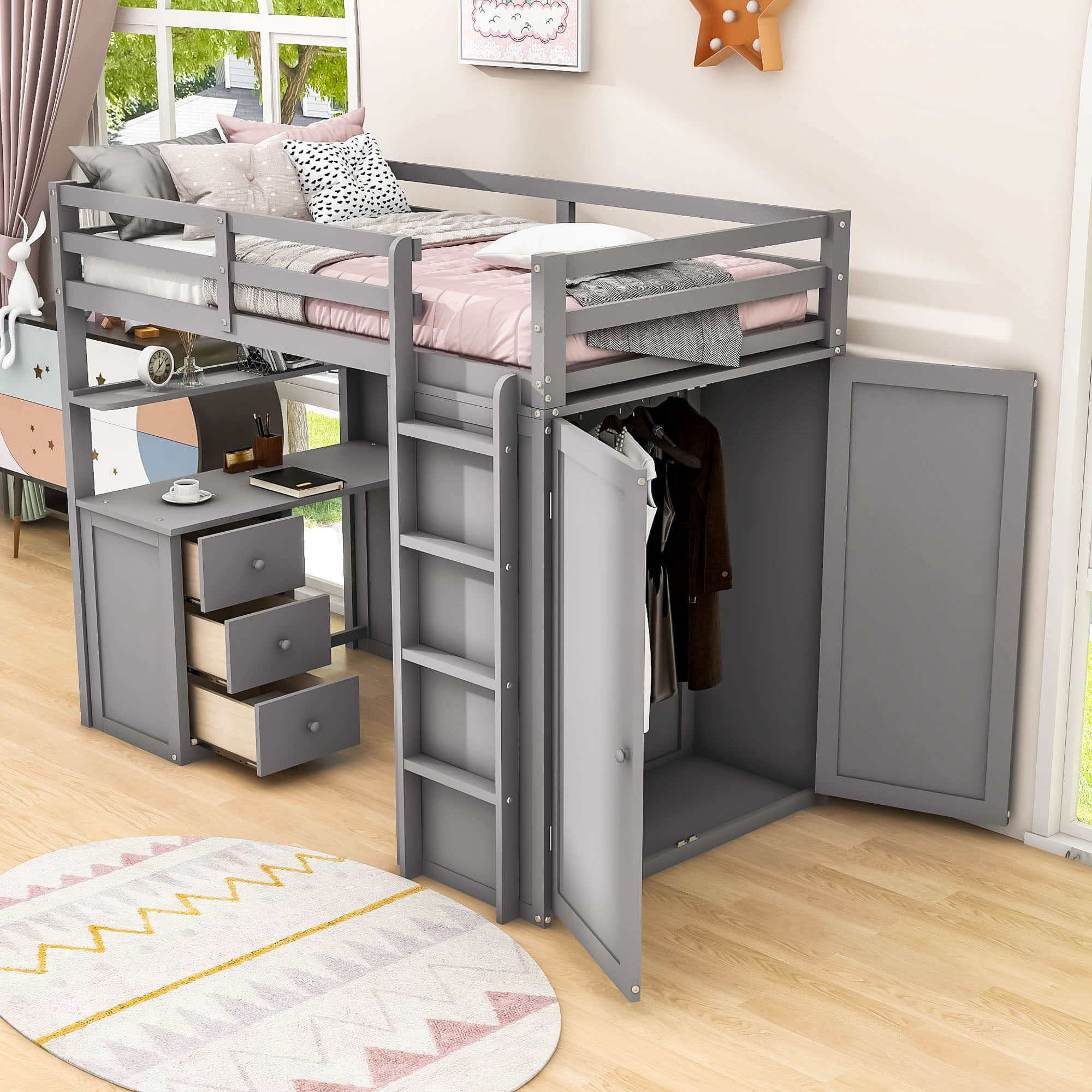 Wood Twin Loft Bed with Desk and Storage for Kids, Adults - [Wardrobe]