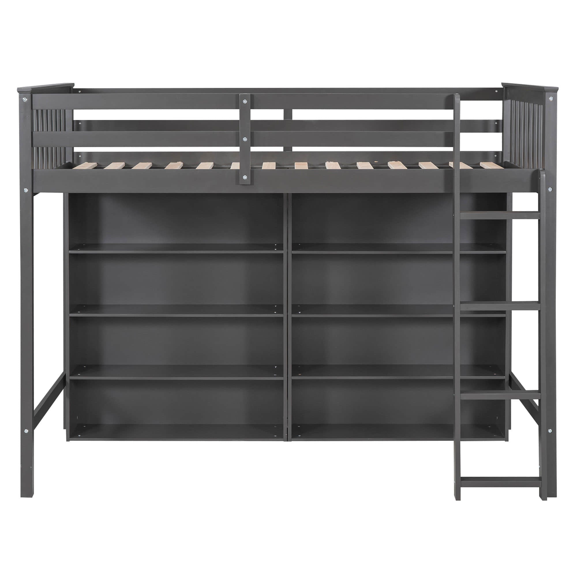 Wood Twin Loft Bed with Large Open Storage Shelves for Adults, Kids