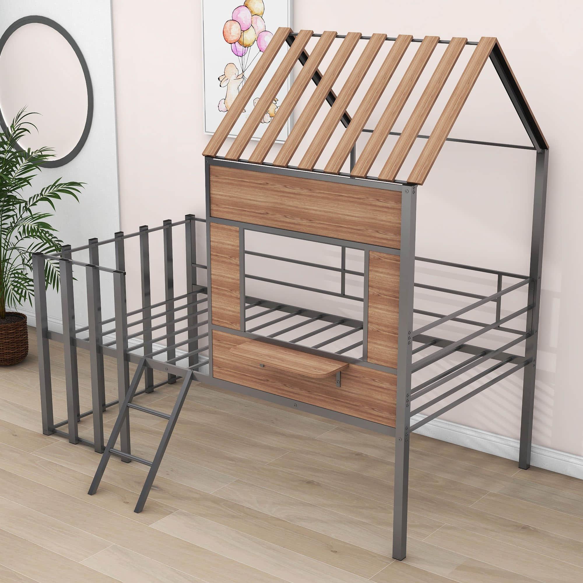 Kids Metal Low Twin Tree House Loft Bed with Window, Roof