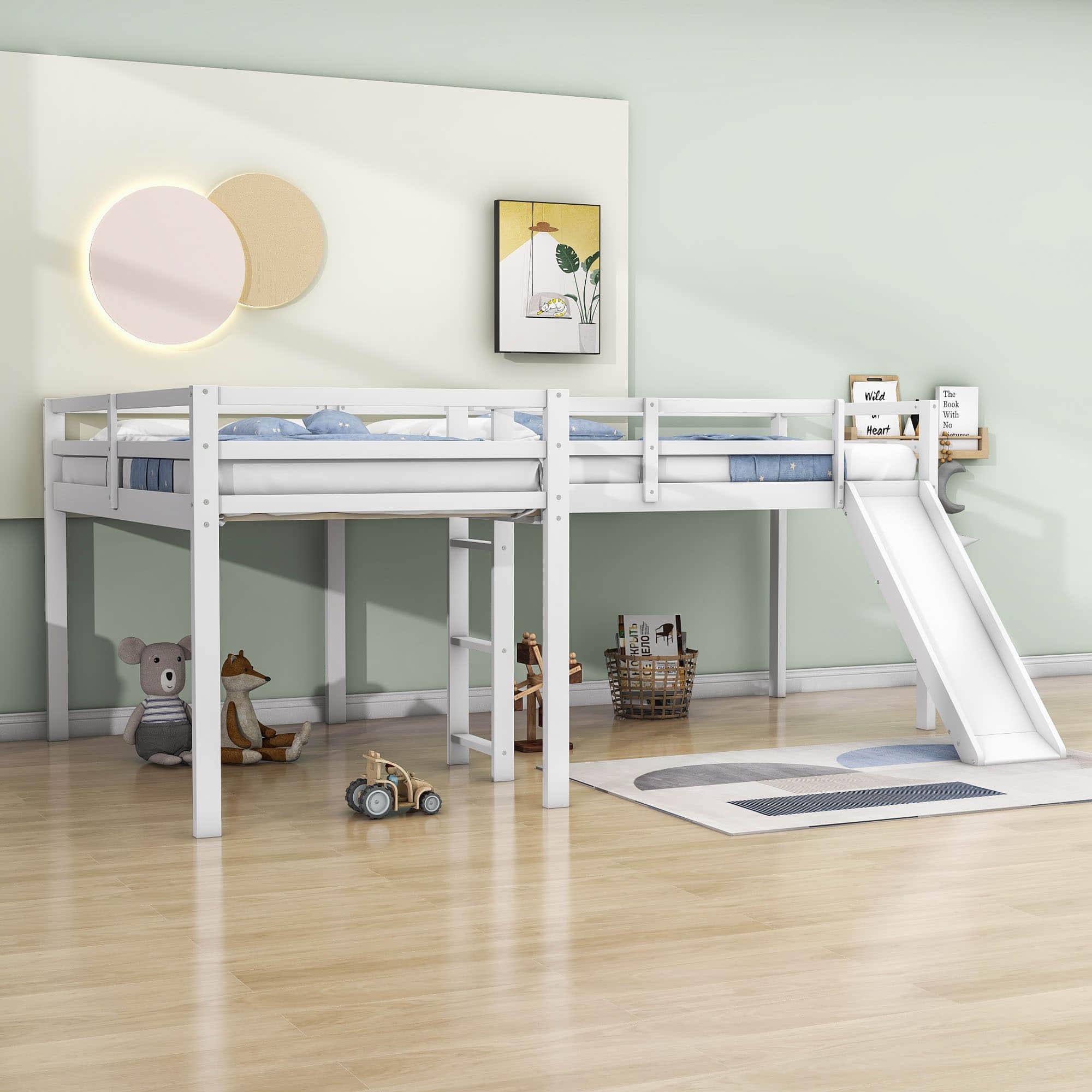 L-Shaped Low Double Twin Loft Bed with Slide for Kids - [Wood]