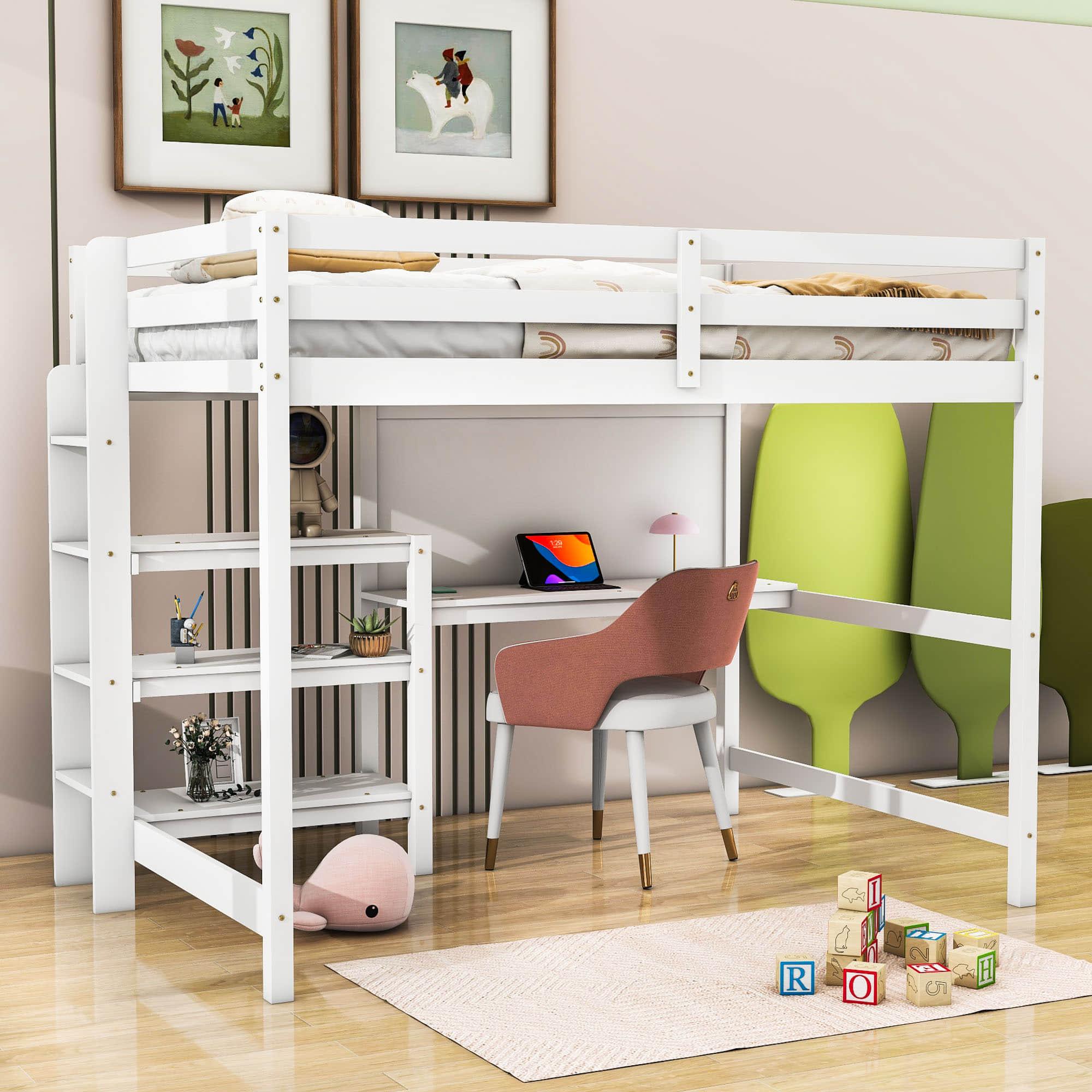 Wooden Full Loft Bed with Desk and Storage Shelves for Adult, Kids, Junior