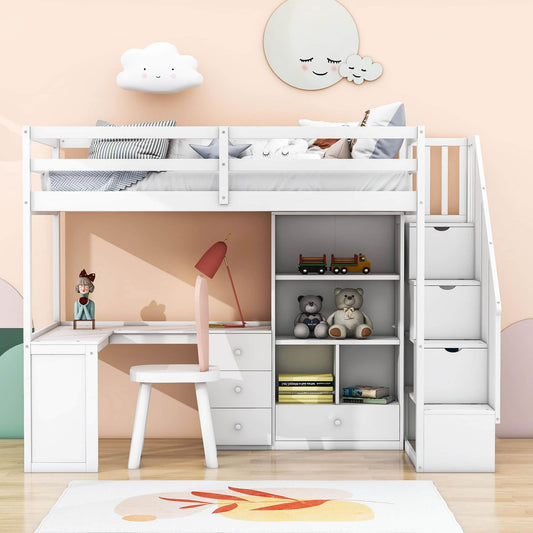 Twin Loft Bed with Desk and Stairs, Storage for Kids, Teens - [Wood]