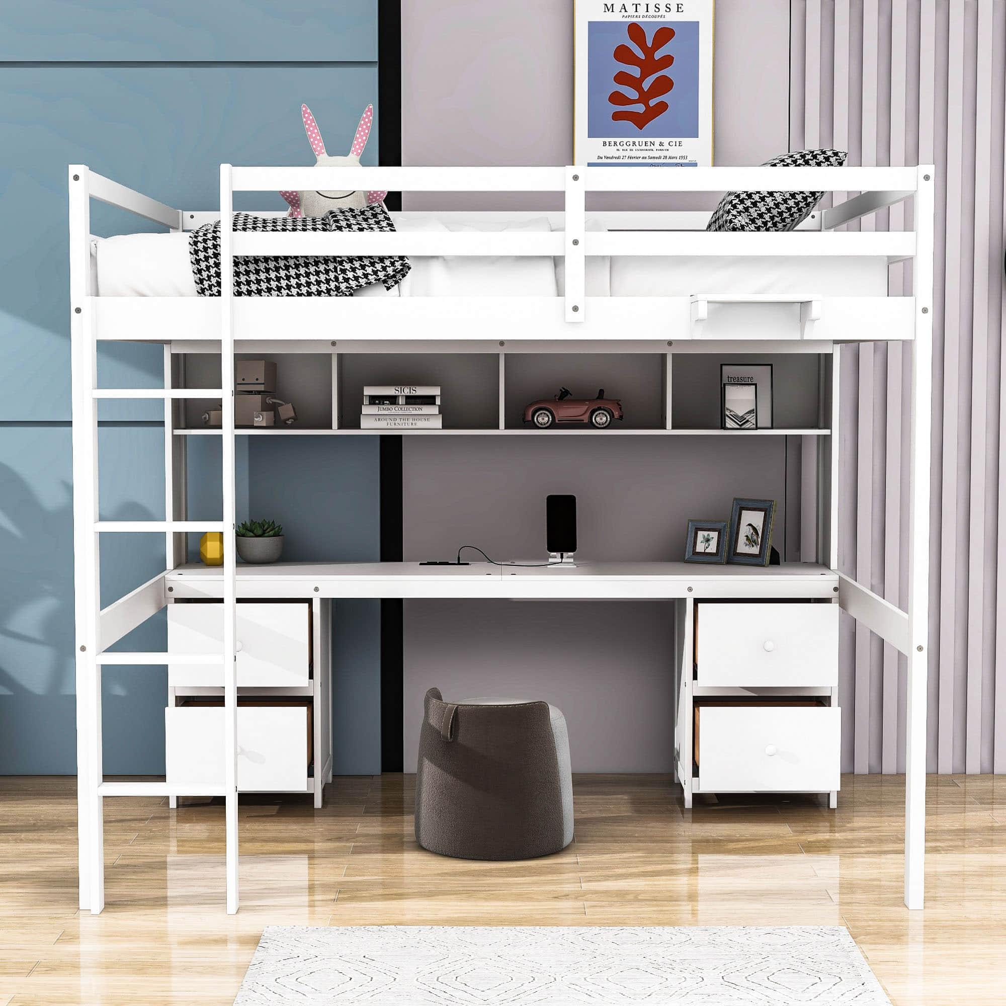 Modern Smart Full Size Loft Bed with Desk and Storage for Adults, Kids