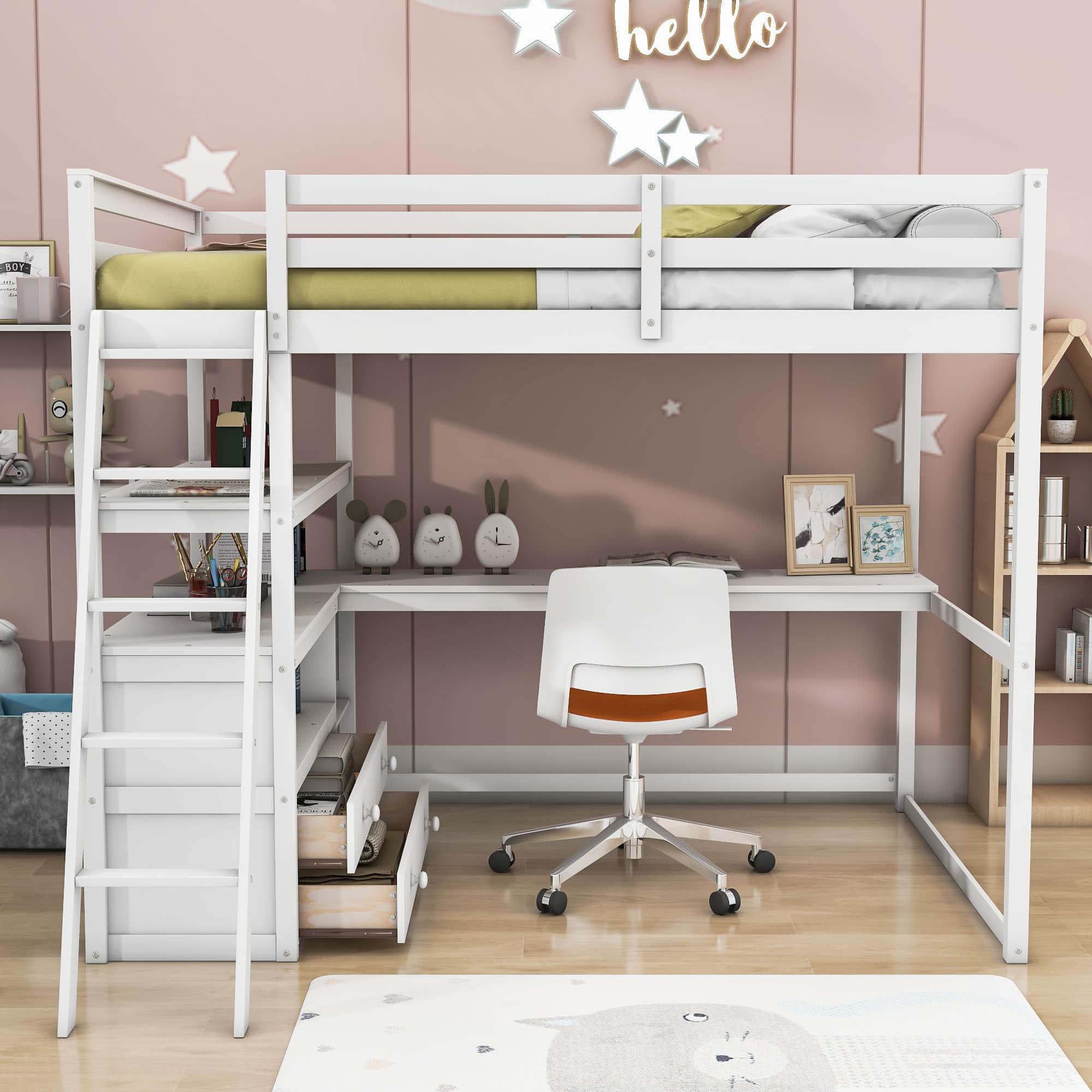 Full Size Loft Bed with Desk and Storage for Adults, Teens, Jr - [Wood]