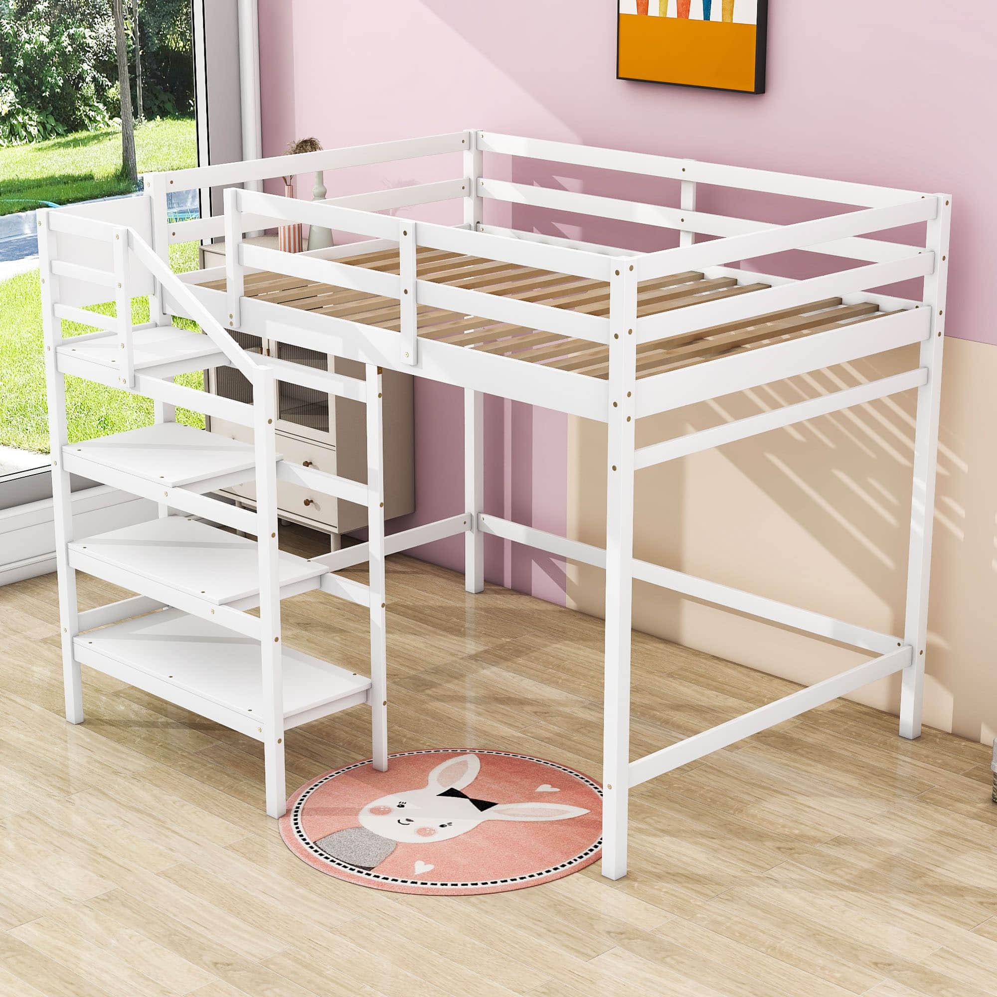 Full Size Loft Bed with Stairs and Clothes Hanger for Adults, Teens